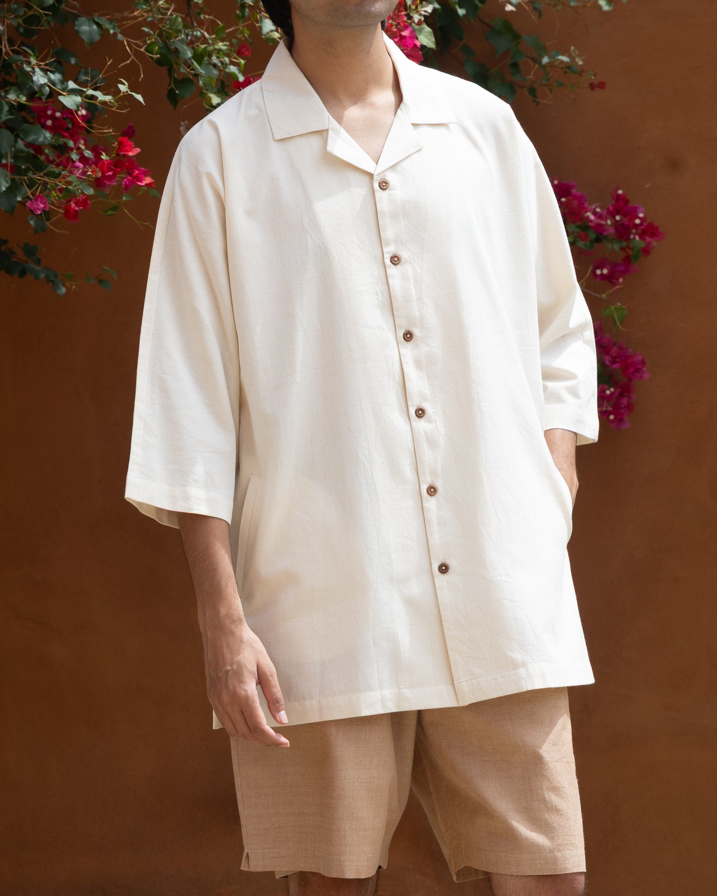 Undyed ecru Khadi cotton camp collar kimono shirt for men, handwoven and eco-friendly with 3/4 kimono sleeves in relaxed fit.