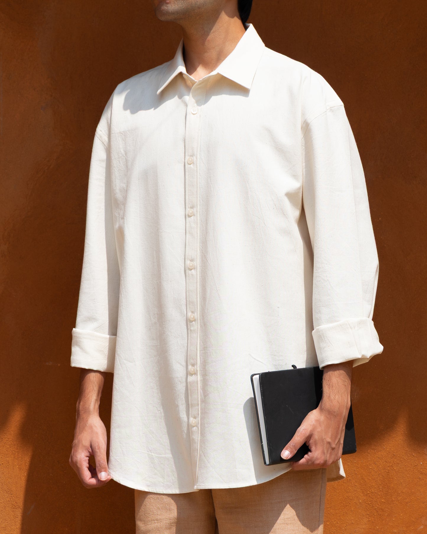 Undyed soft cream relaxed fit Khadi cotton shirt for men – handwoven, organic fabric, luxury light color ecru shirt from limited edition handloom collection.