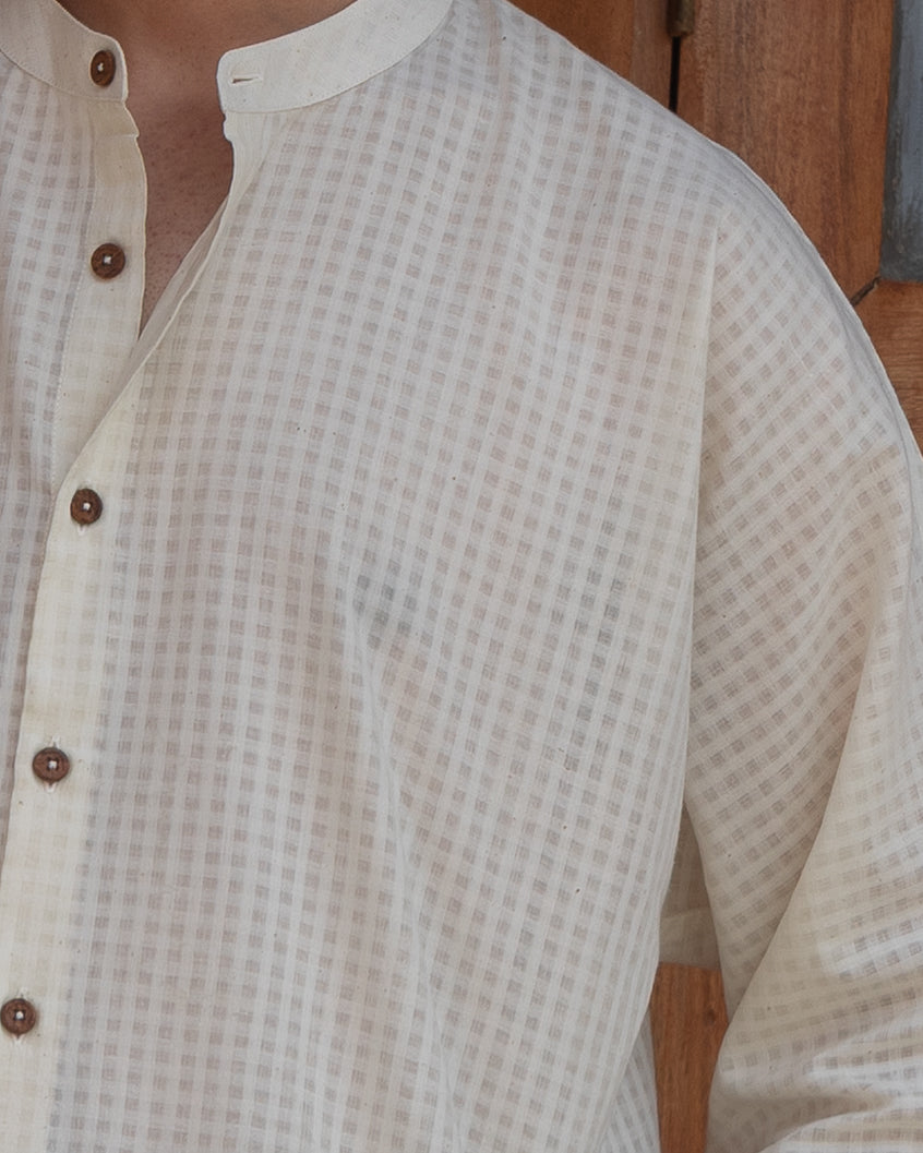 Eco-friendly men’s shirt in earthy ecru tones with a self-check weave, relaxed fit, and 3/4 kimono sleeves for a timeless, minimal look.
