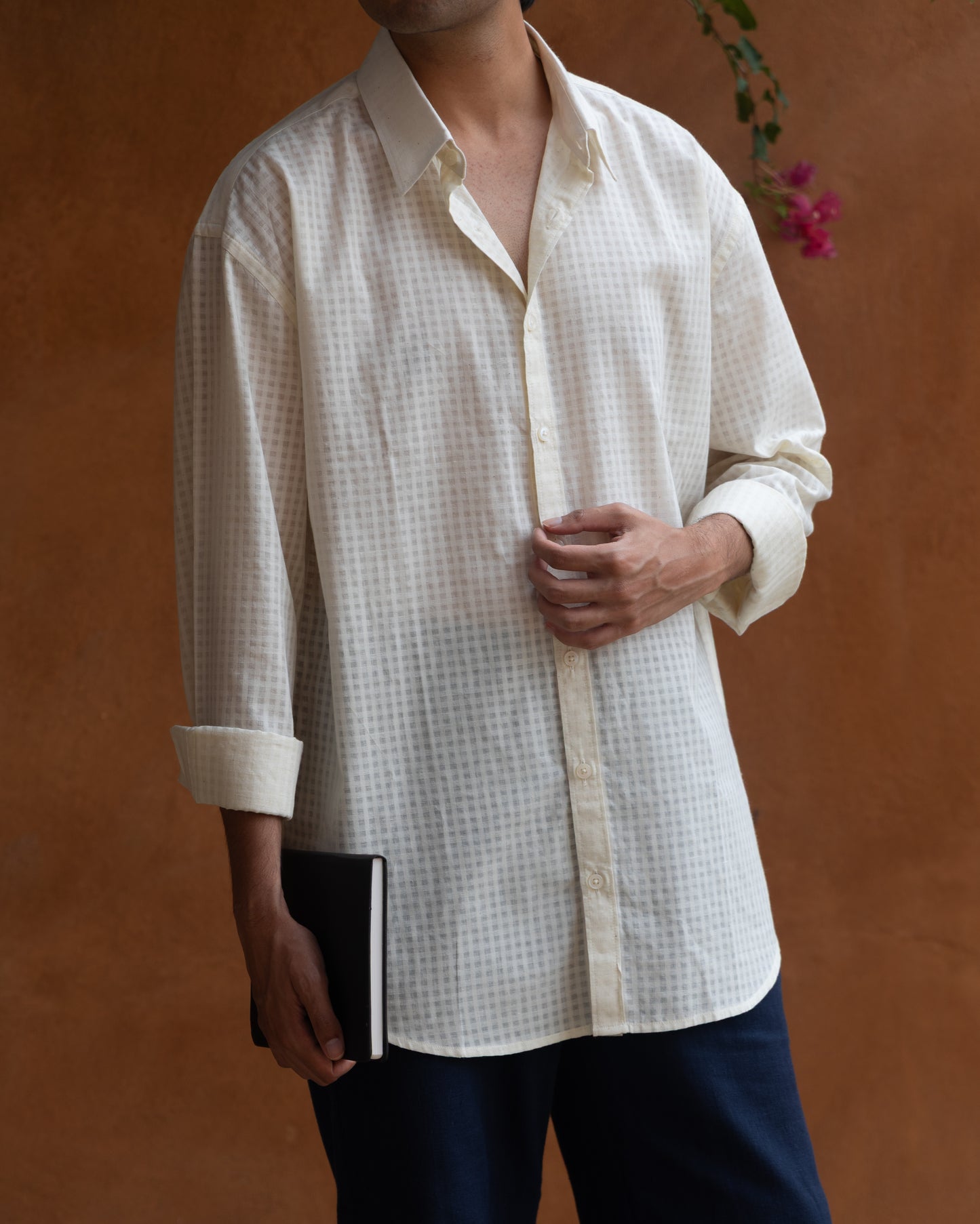 Ecru khadi cotton shirt for men with a relaxed fit and subtle self-check pattern, crafted from breathable handwoven organic fabric.