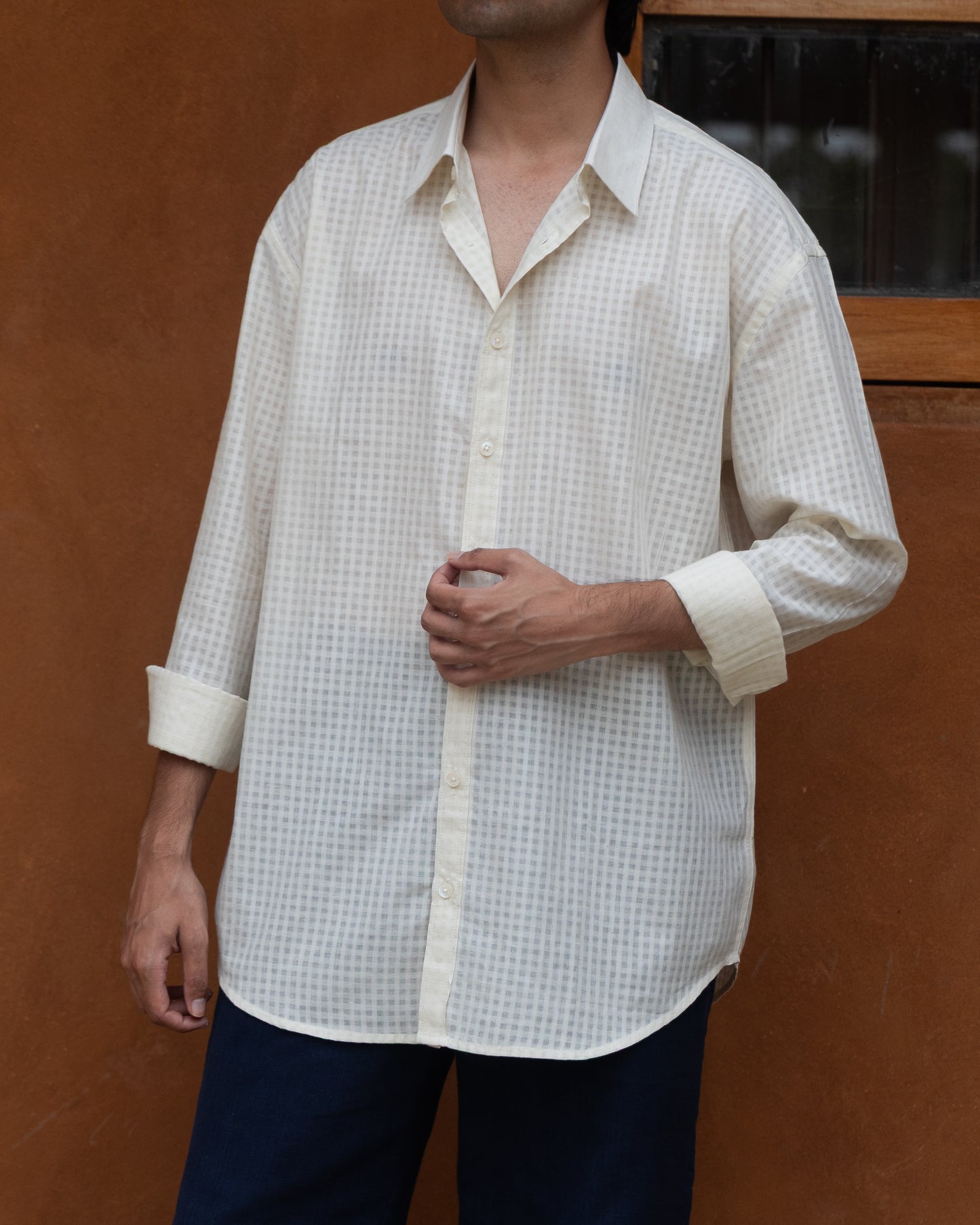 Soft-toned handloom shirt for men in ecru with a relaxed silhouette and fine self-check detailing, made from organic khadi cotton.