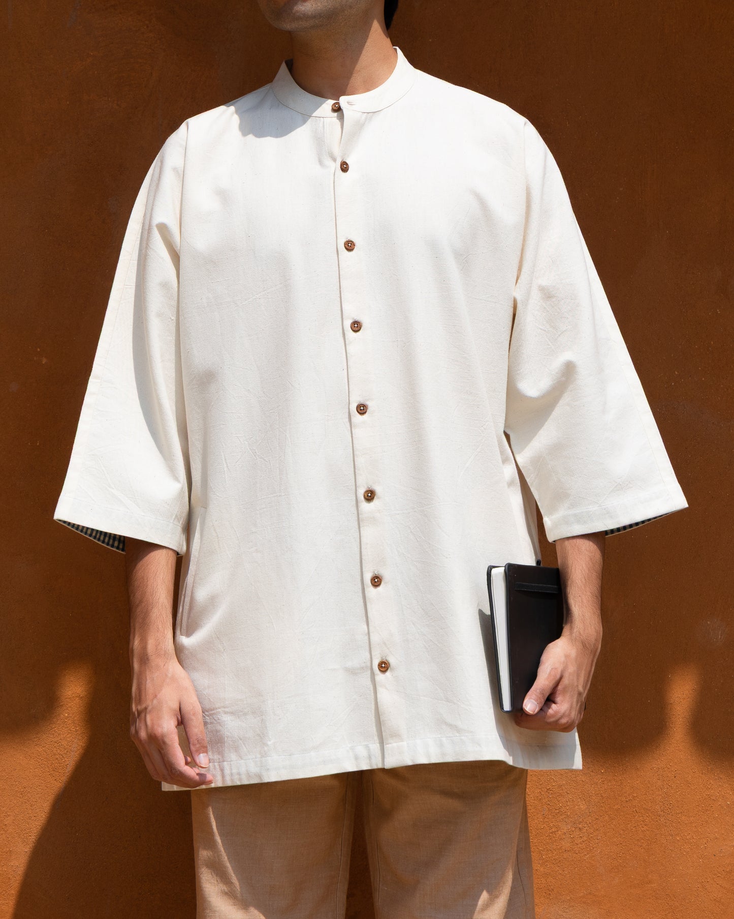 ndyed soft cream handwoven Khadi cotton kimono shirt for men with 3/4 sleeves, eco-friendly organic cotton, limited edition Japanese-style handloom shirt.