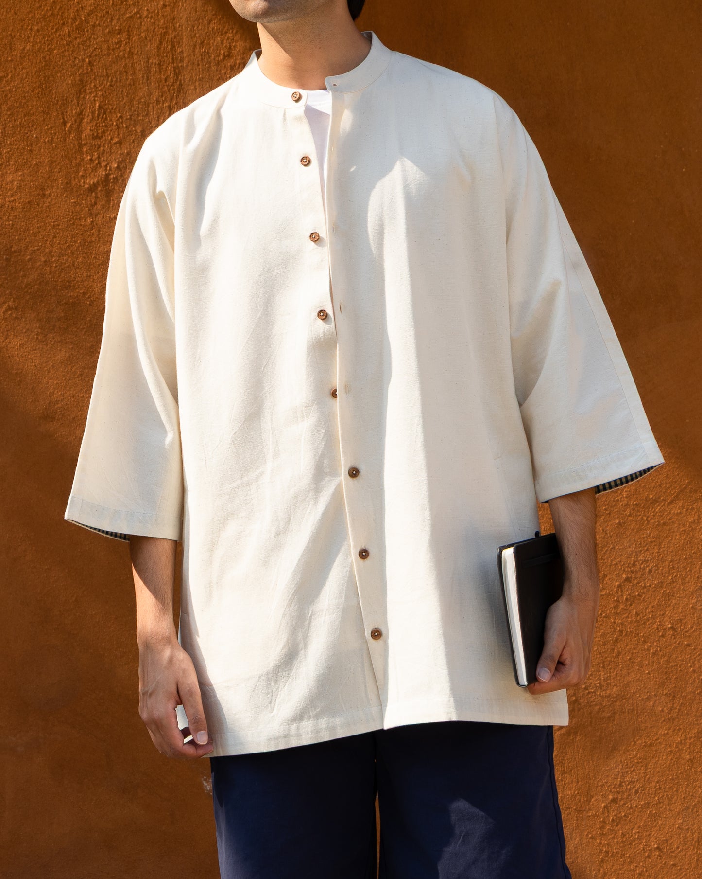 Eco-friendly undyed soft cream kimono shirt for men made from handwoven Khadi cotton with 3-quarter sleeves, luxury organic cotton shirt.