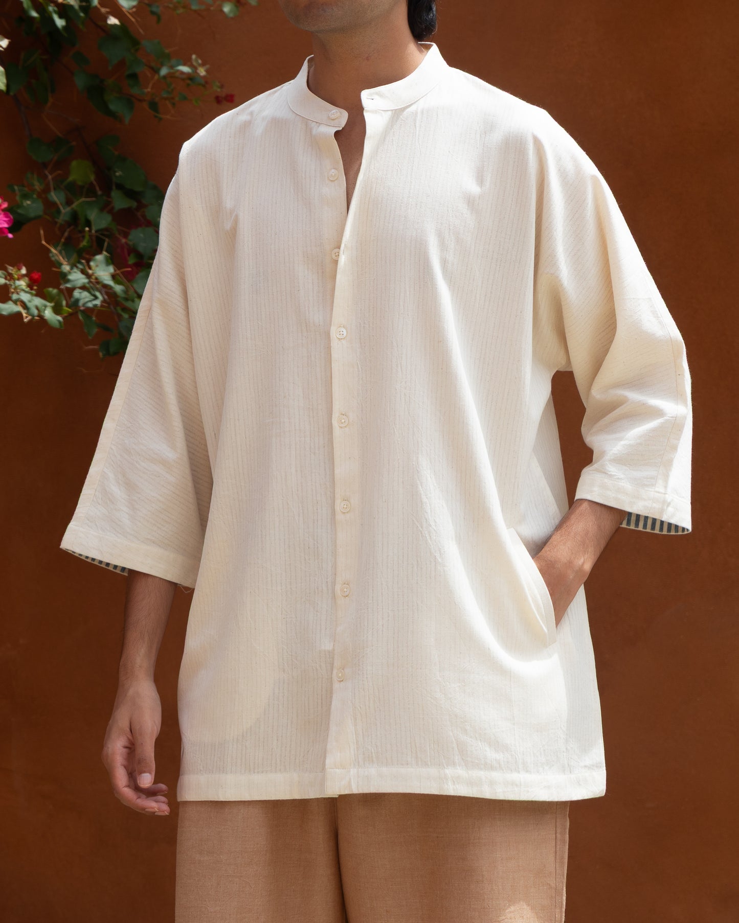 Light color handloom shirt for men in ecru tone, featuring Japanese kimono-style sleeves.