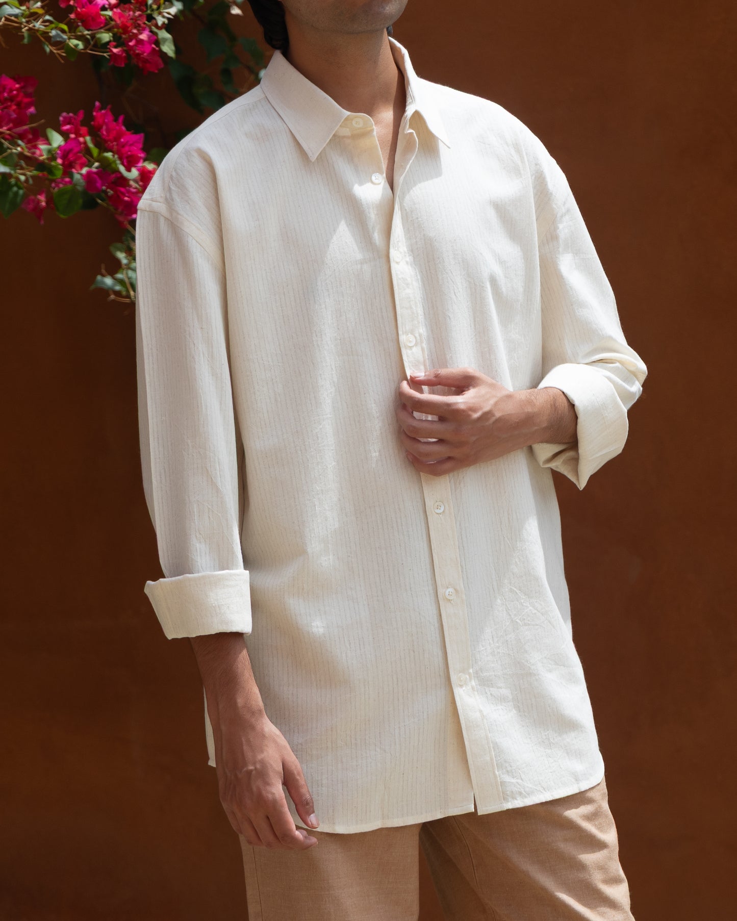 Relaxed fit ecru Khadi cotton shirt for men made with handwoven fabric.