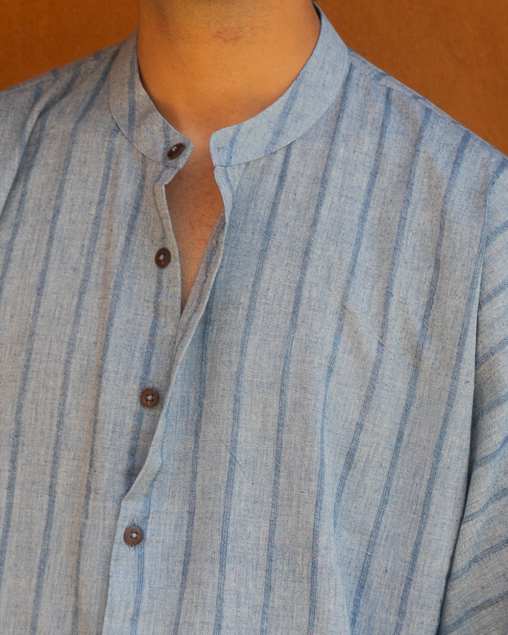 Limited edition pastel indigo khadi cotton kimono shirt for men with a 3/4 sleeve design, blending traditional handloom craft and Japanese style.