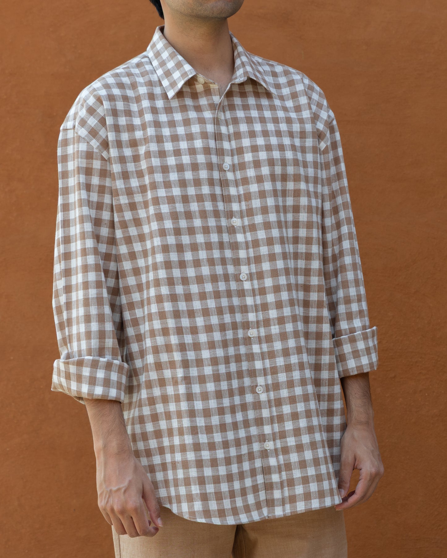 Brown and cream checked relaxed fit Khadi cotton shirt for men – handwoven, organic fabric, luxury handloom shirt, limited edition Khadi clothing.