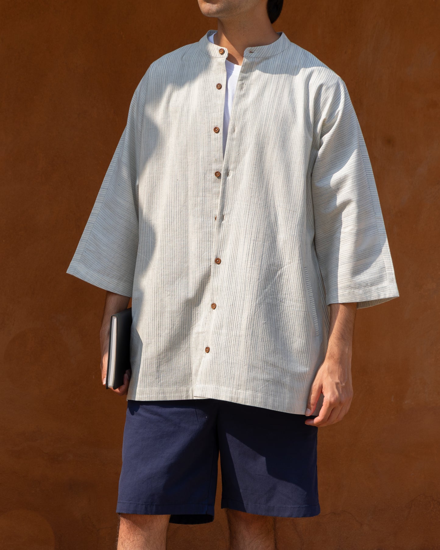Kora indigo faded stripes handwoven Khadi cotton kimono shirt for men with 3/4 sleeves, eco-friendly organic cotton, limited edition Japanese-style handloom shirt.