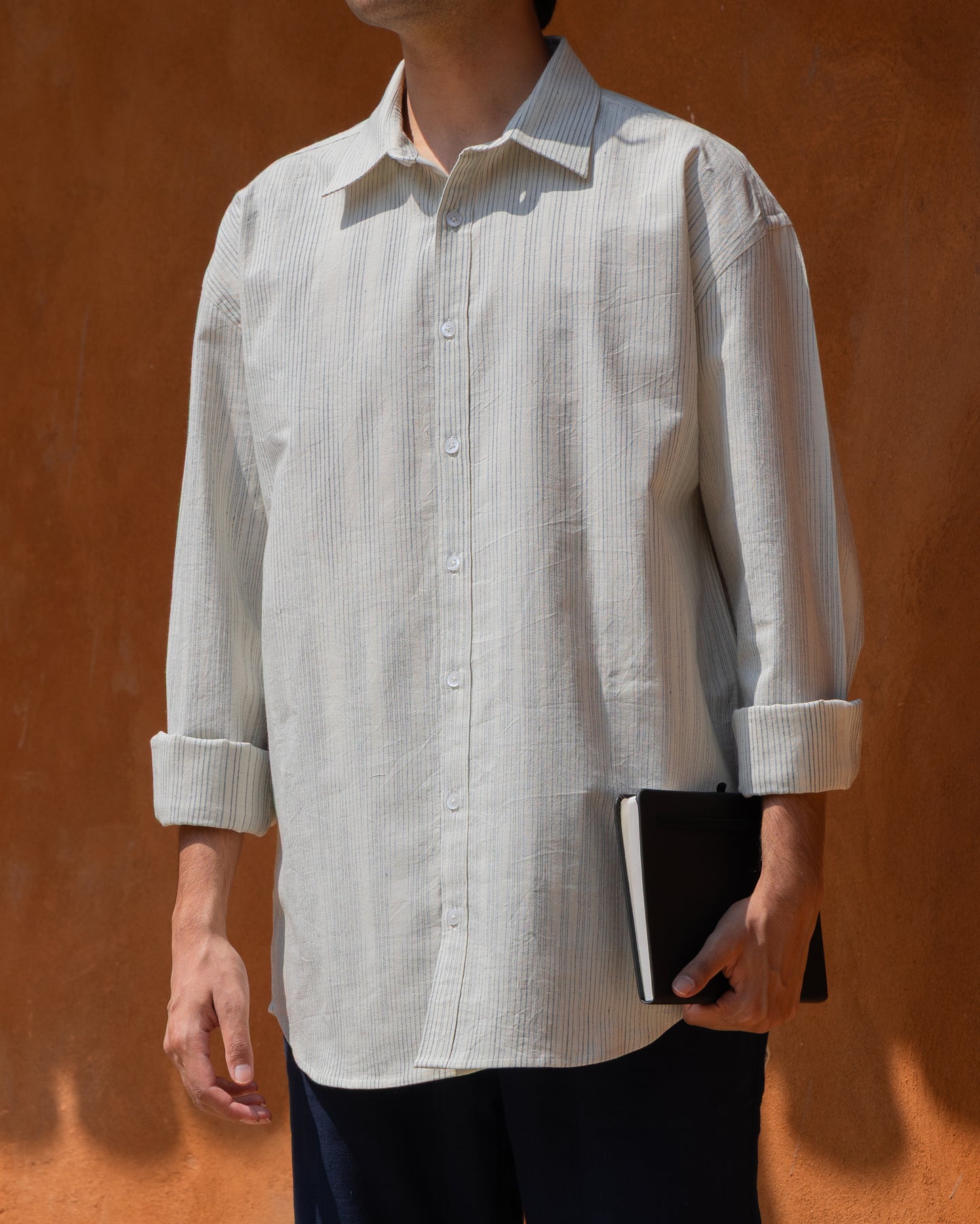 Handloom Khadi shirt for men – Kora indigo faded stripes, relaxed fit, organic cotton, limited edition earthy and luxury ecru shirt.