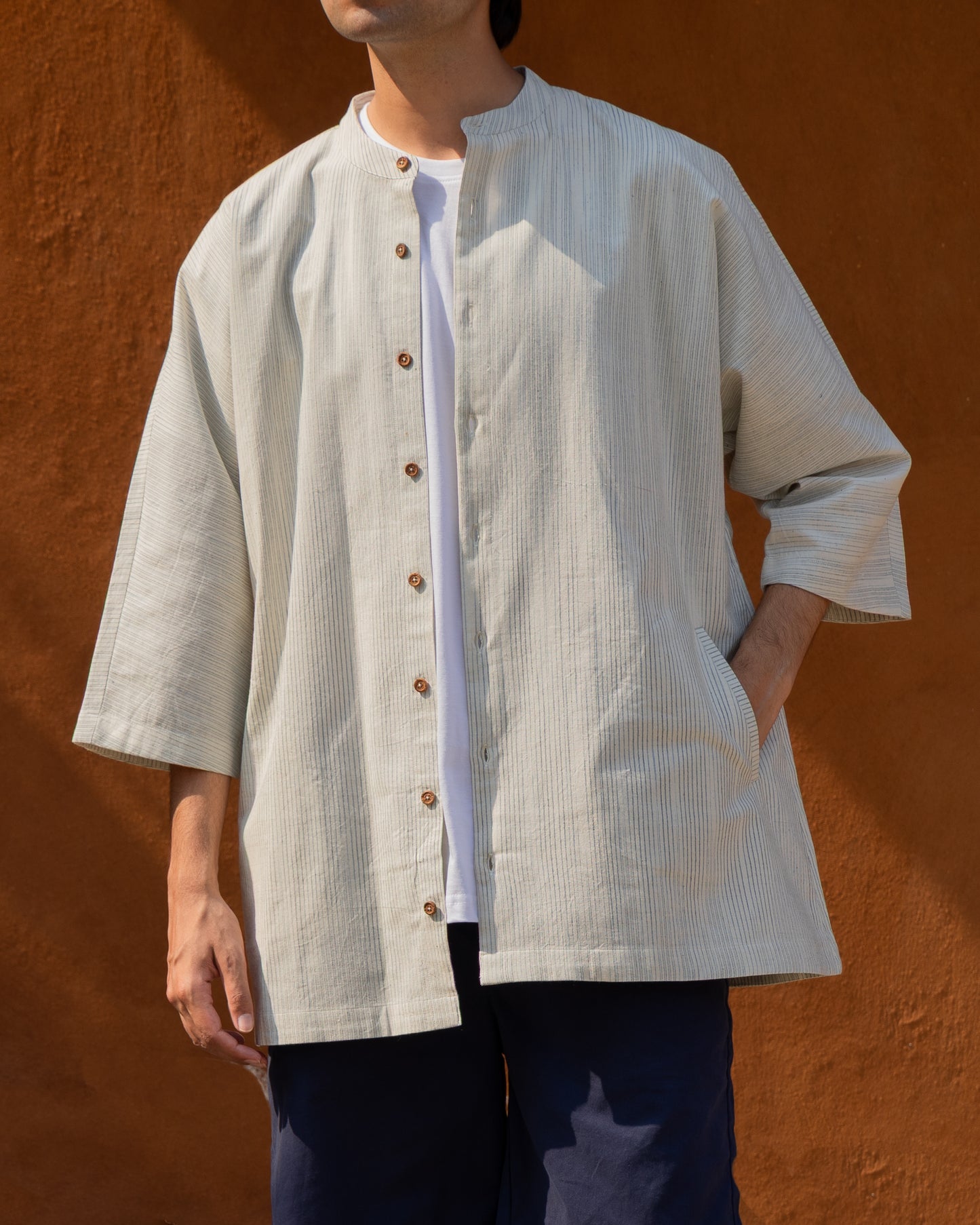 Eco-friendly Kora indigo faded stripes kimono shirt for men made from handwoven Khadi cotton with 3-quarter sleeves, luxury organic cotton shirt.