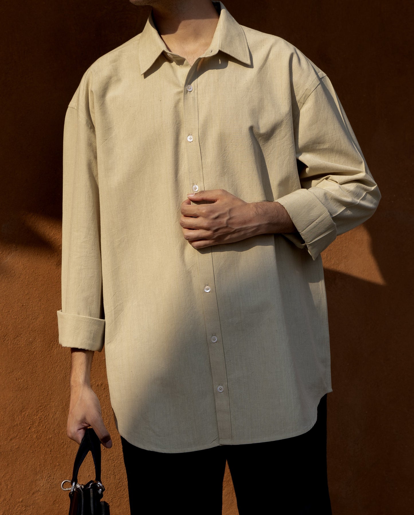 Soft light green relaxed fit Khadi cotton shirt for men – handwoven, organic fabric, luxury handloom shirt, light color limited edition for men.