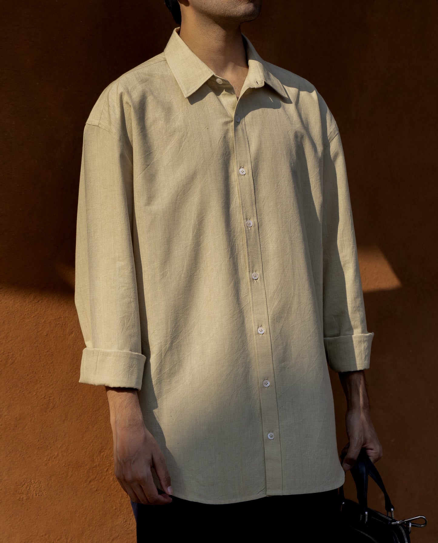 Soft olive green Khadi cotton shirt – handloom relaxed fit for men, organic fabric, premium light color shirt.