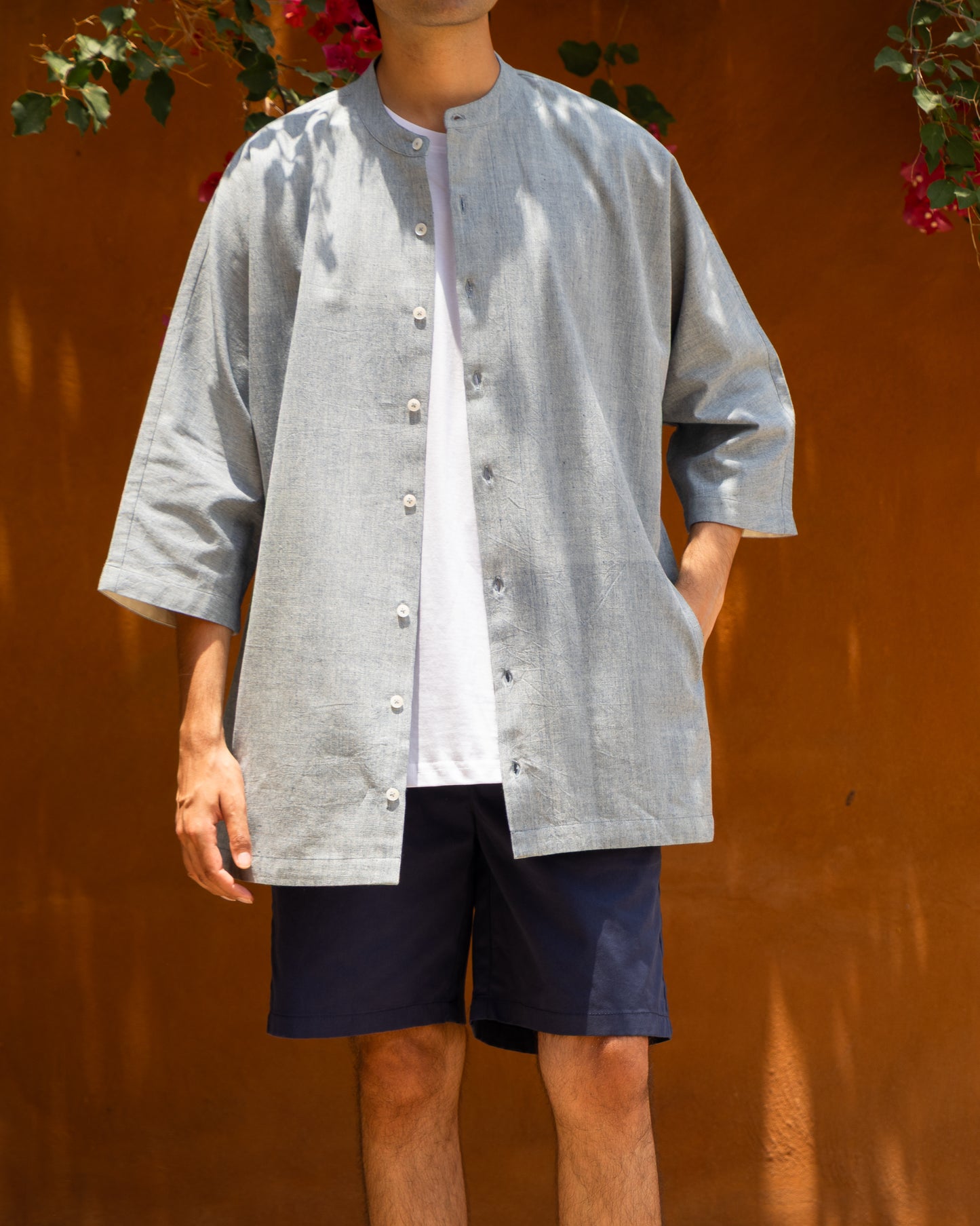 Men's soft indigo melange Khadi cotton kimono sleeve shirt, rich indigo earthy tone, crafted from organic cotton and handloom fabric.