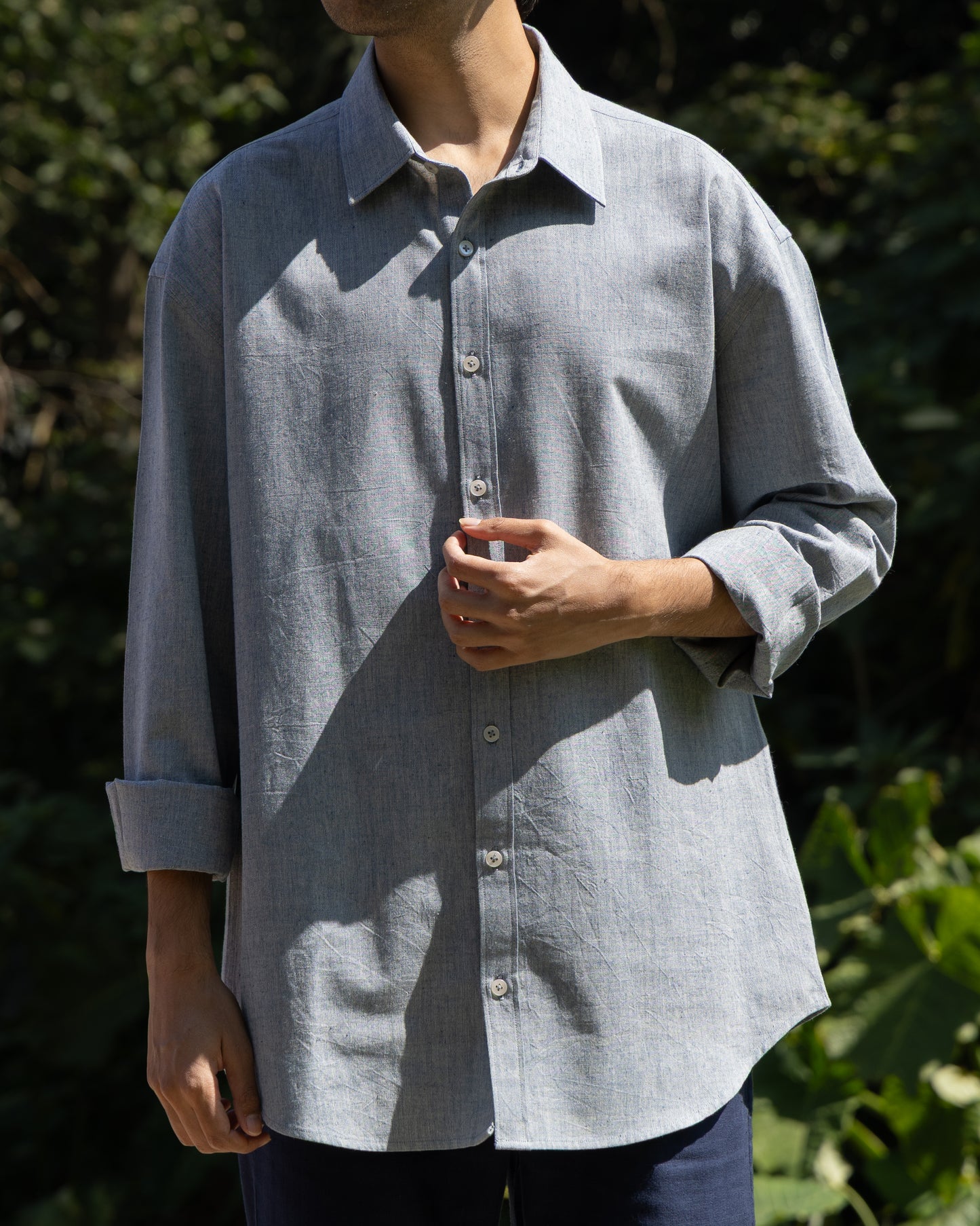 Luxury indigo shirt for men – soft indigo melange Khadi cotton, handwoven and organic, relaxed fit limited edition handloom shirt.