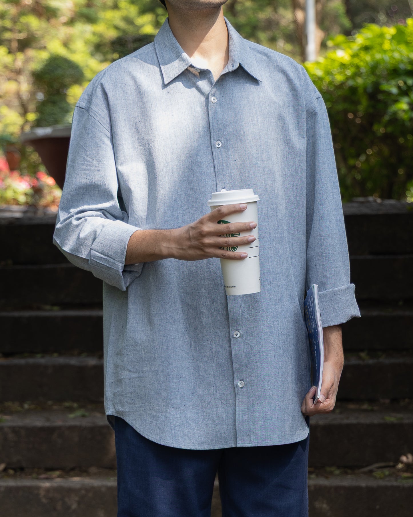 Indigo melange Khadi cotton shirt for men – relaxed fit, handwoven organic cotton, limited edition luxury handloom shirt.