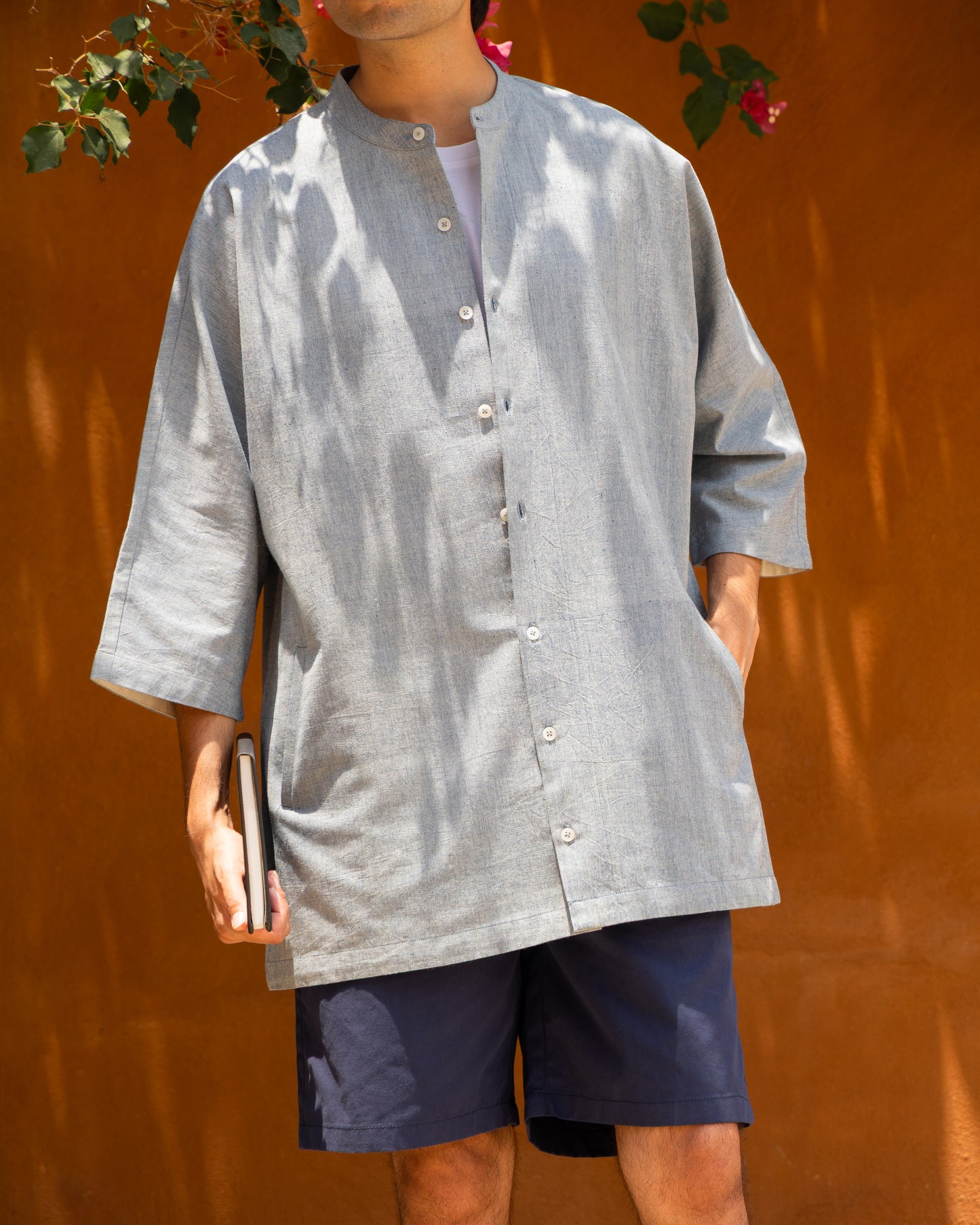 Soft indigo melange handwoven Khadi cotton kimono shirt for men with 3/4 sleeves, eco-friendly organic cotton, limited edition Japanese-style handloom shirt.