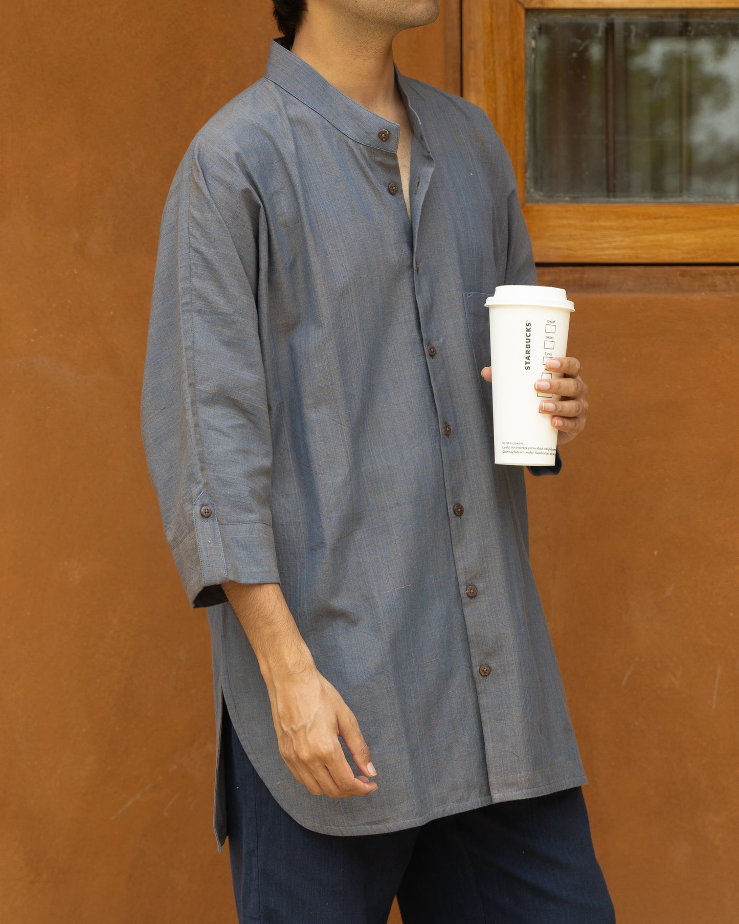 Charcoal grey dual hue kimono shirt for men made from handwoven Khadi cotton with 3/4 kimono-style sleeves.