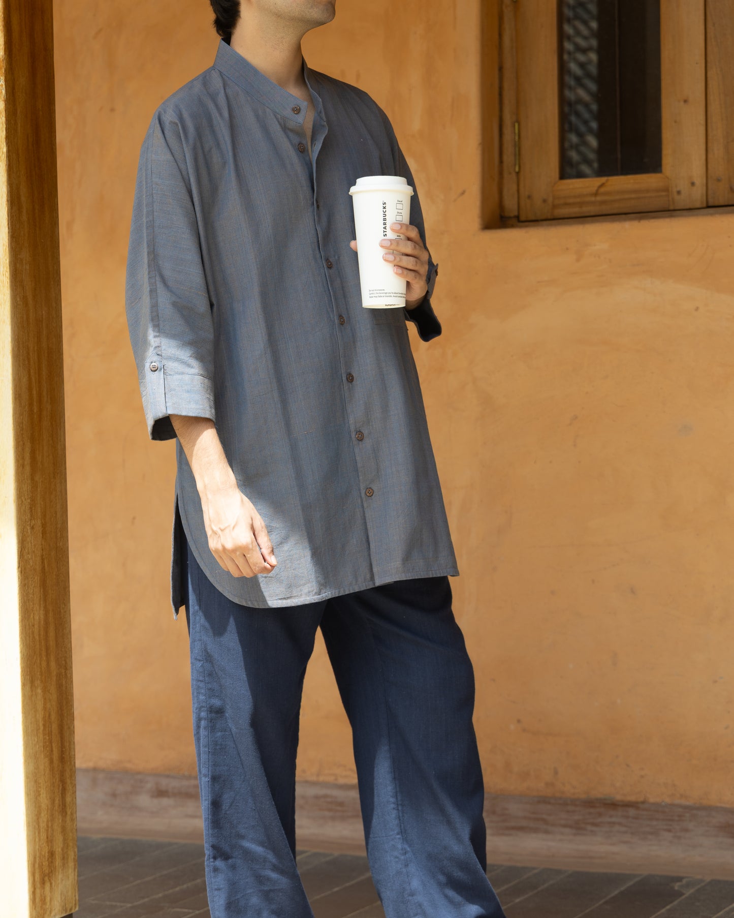 Eco-friendly handloom shirt in earthy tones, featuring a relaxed Japanese-inspired silhouette for men.