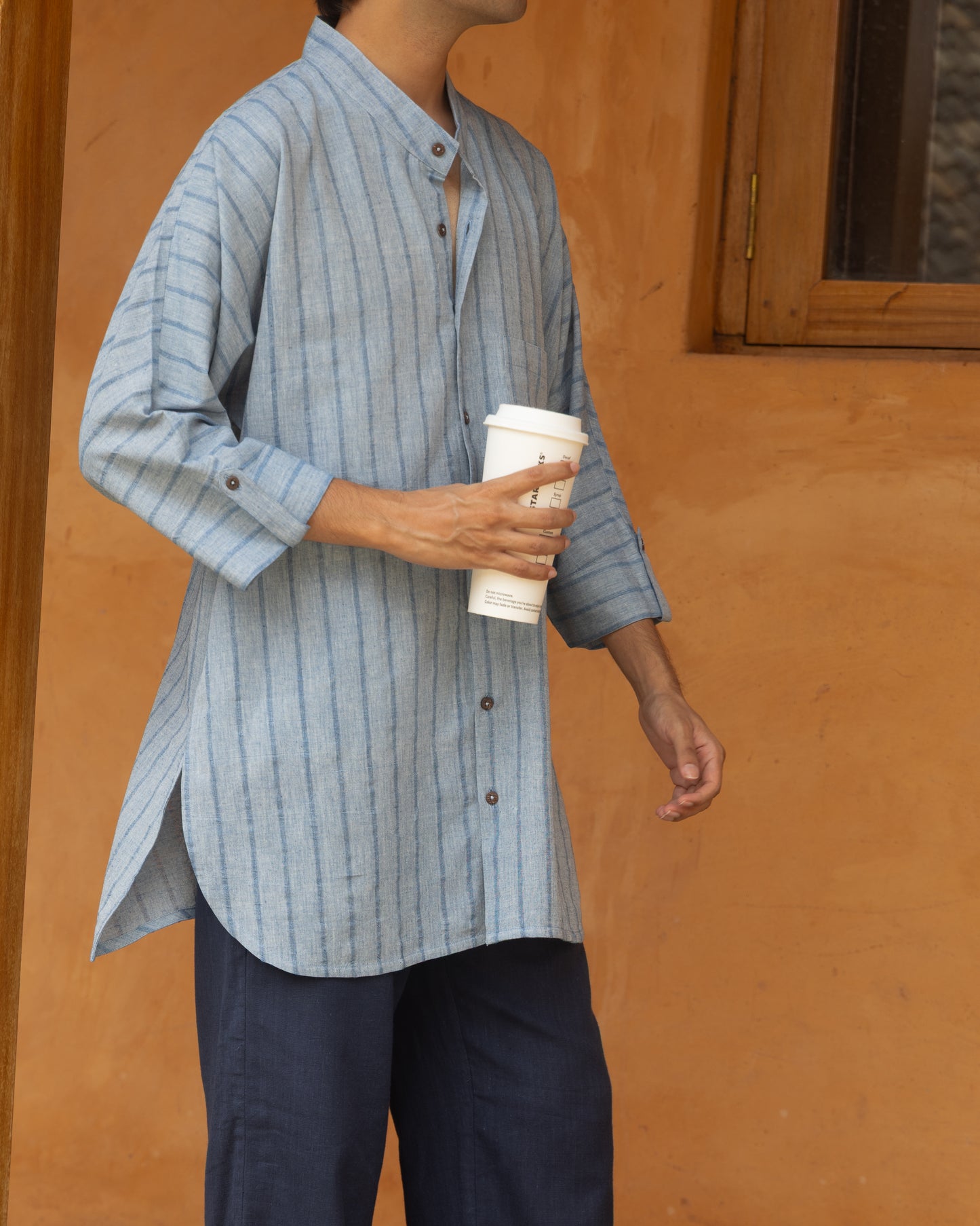 Indigo Scar khadi cotton kimono shirt for men with 3/4 sleeves, handwoven from organic fabric in a relaxed Japanese-style silhouette.