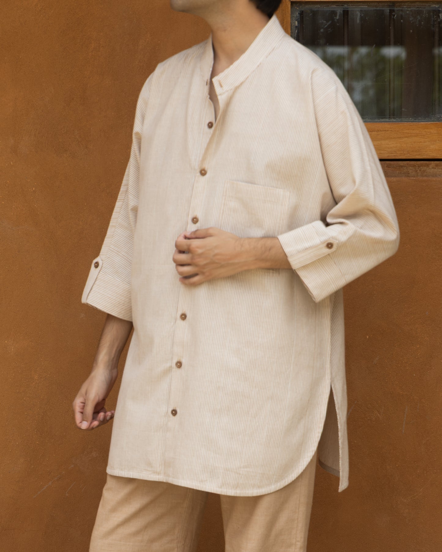 NutBrown striped khadi cotton kimono shirt for men with 3/4 sleeves, handwoven from organic fabric in earthy brown and khaki tones.