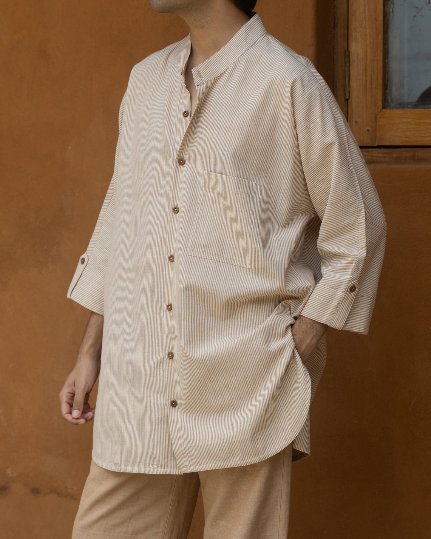 Handspun khadi shirt for men with chocolate brown and beige stripes, Japanese-inspired kimono sleeves, and a relaxed fit.