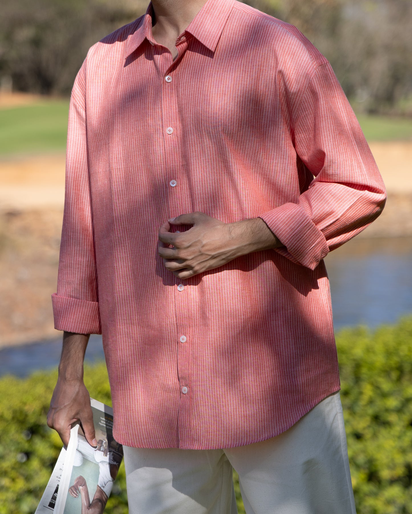 Handloom Khadi cotton shirt in melange red stripes – relaxed fit, organic, soft pastel, eco-friendly earthy shirt for men.