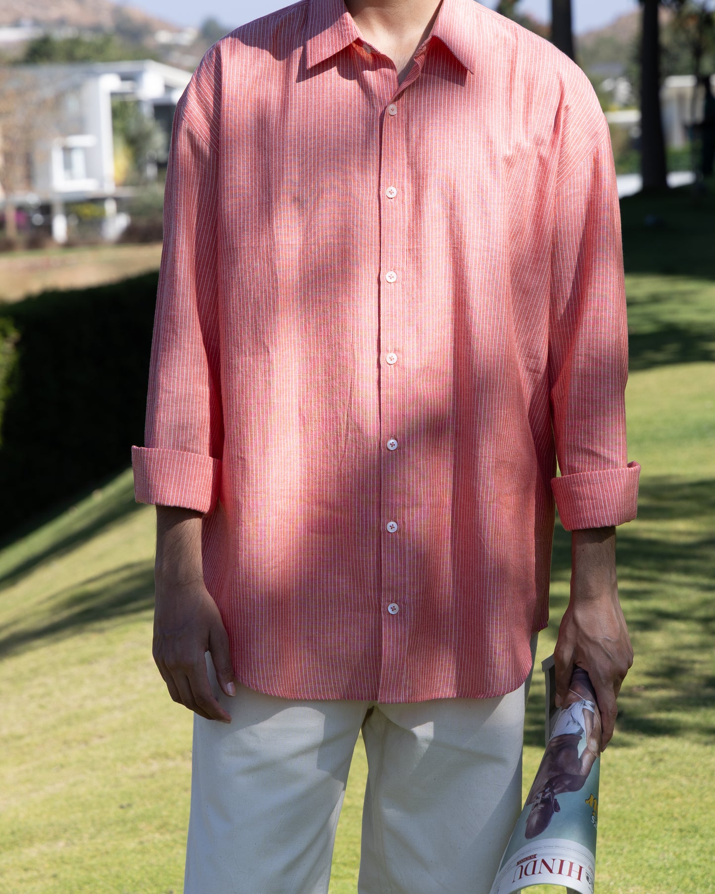 Luxury melange red stripes Khadi cotton shirt for men – handwoven, organic fabric, relaxed fit, limited edition handloom shirt.