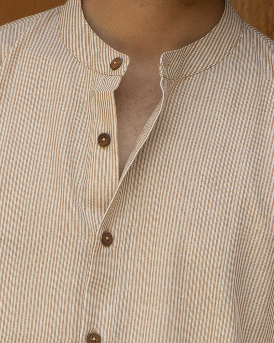 Earthy striped kimono shirt for men featuring 3/4 sleeves, chocolate brown and khaki hues, crafted from sustainable handspun cotton.