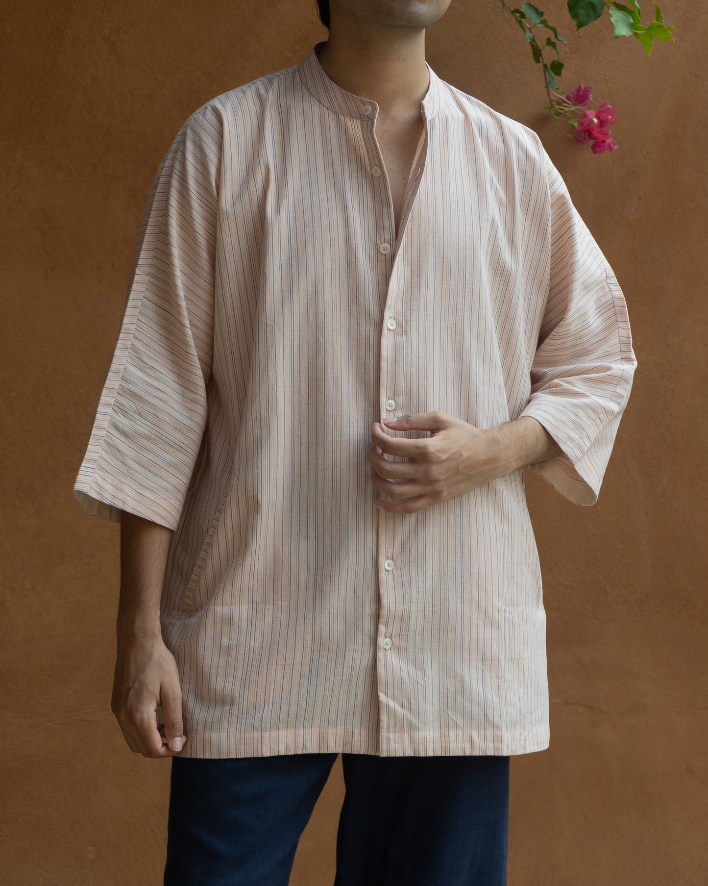 Pink Guava Kimono shirt for men crafted in light pastel shades with a relaxed fit, 3/4 sleeves, and Japanese-inspired silhouette.