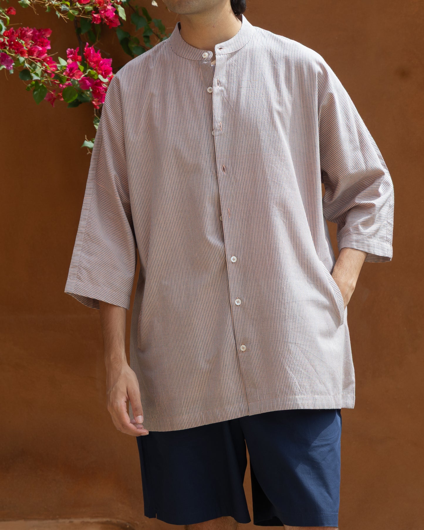 Quiet violet striped Khadi cotton kimono shirt for men with 3/4 sleeves, made from organic handwoven fabric in a Japanese style.