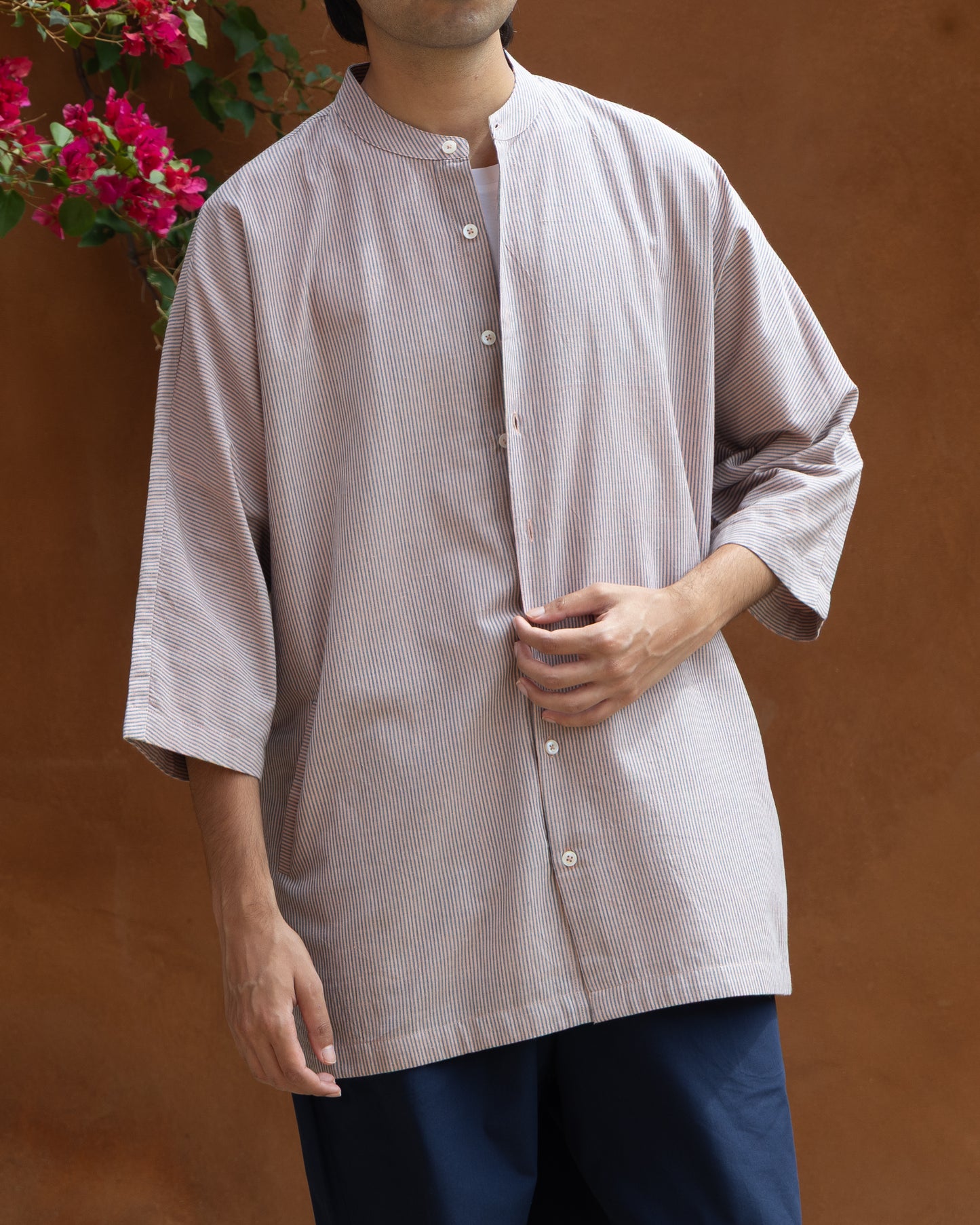 Men’s pastel violet kimono shirt with 3 quarter sleeves, handwoven in Khadi cotton for a breathable and earthy look.
