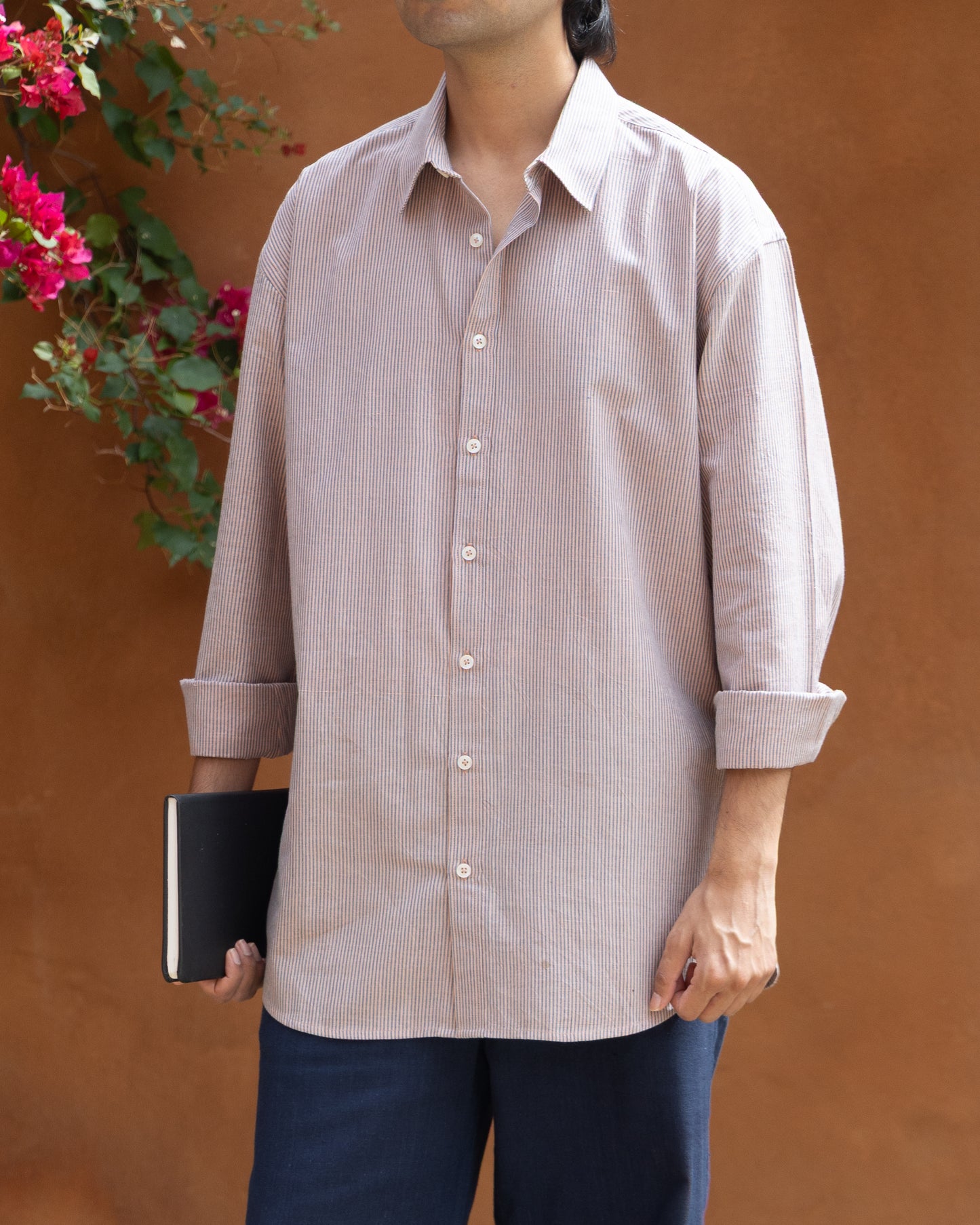 Relaxed fit khadi shirt for men in quiet violet stripes, made from organic cotton and handwoven fabric, perfect for eco-friendly and earthy style.