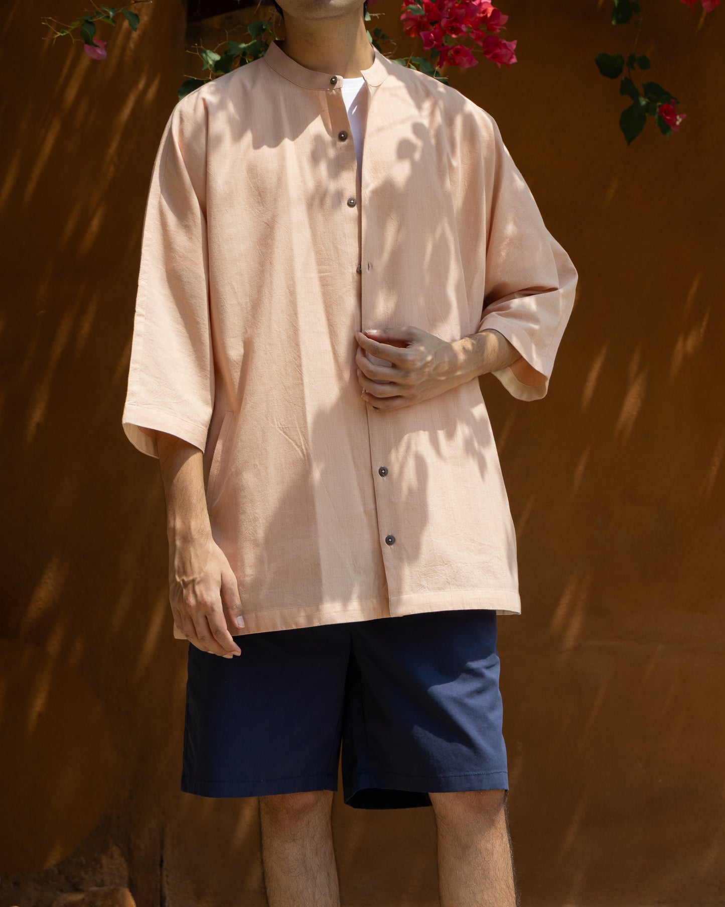 Madder pink handwoven Khadi cotton kimono shirt for men with 3/4 sleeves, eco-friendly organic cotton, limited edition Japanese-style handloom shirt.