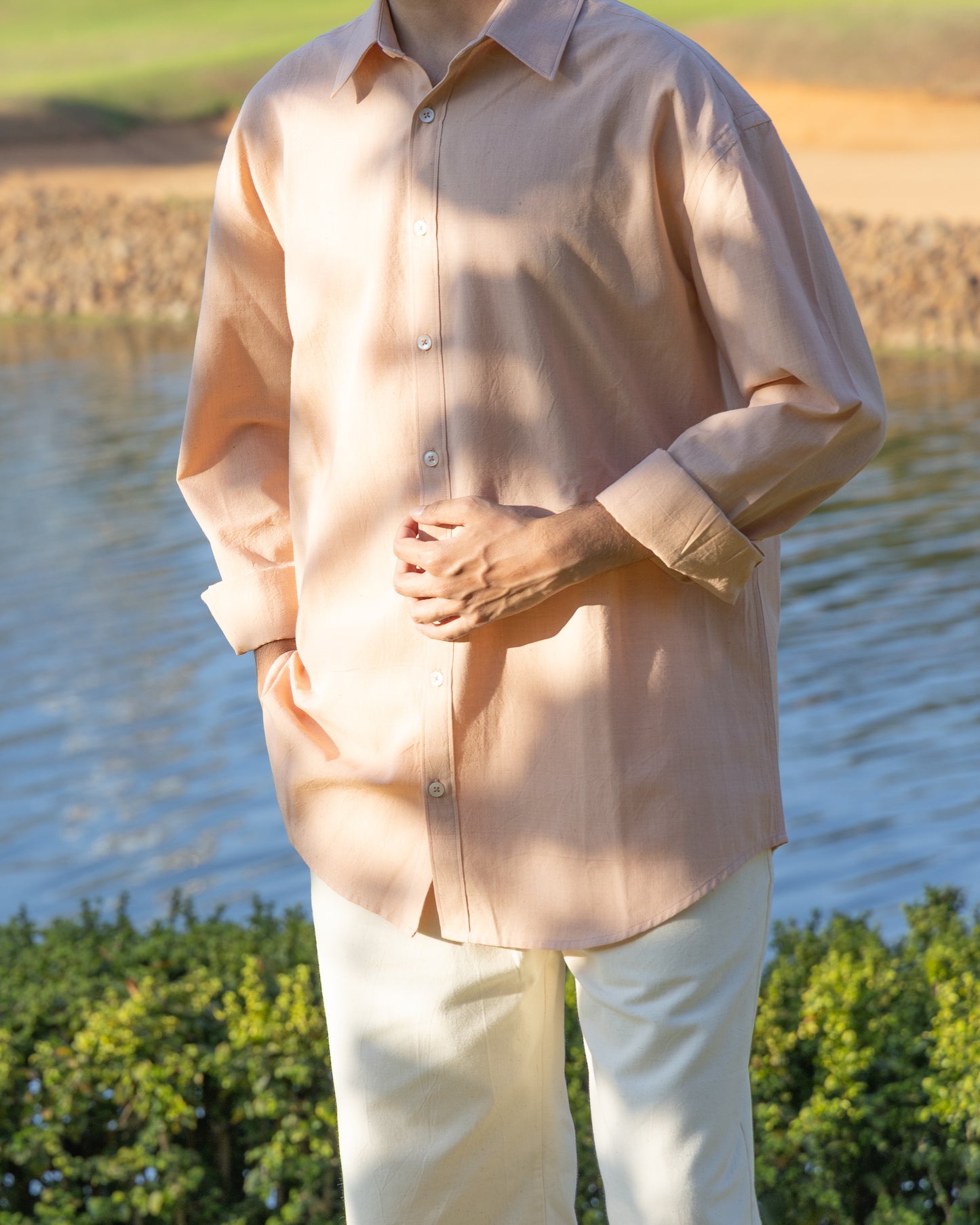 Handloom Khadi cotton shirt in light madder pink – relaxed fit, organic and eco-friendly fabric, luxury earthy pastel shirt for men