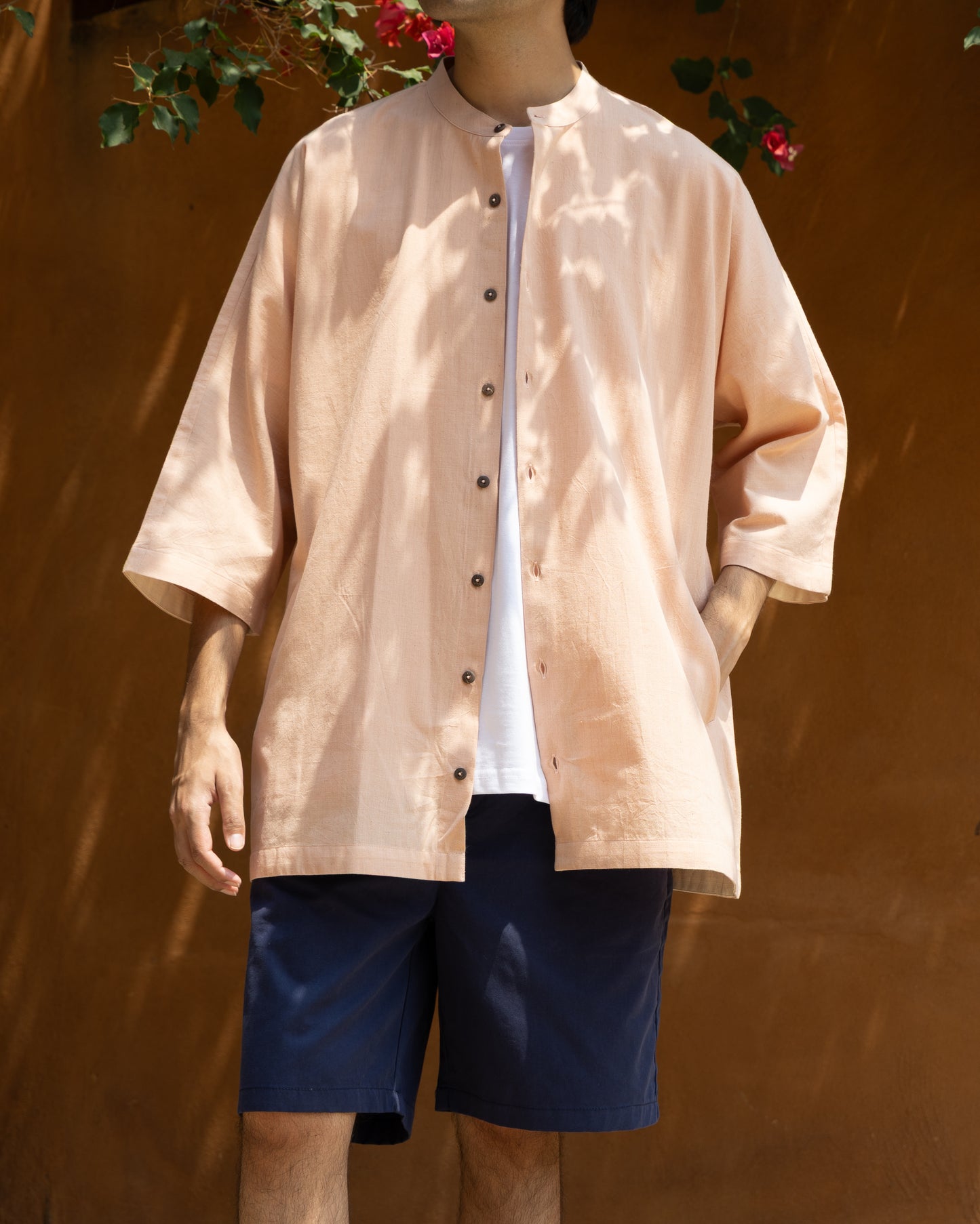 Eco-friendly madder pink kimono shirt for men made from handwoven Khadi cotton with 3-quarter sleeves, luxury organic cotton shirt.