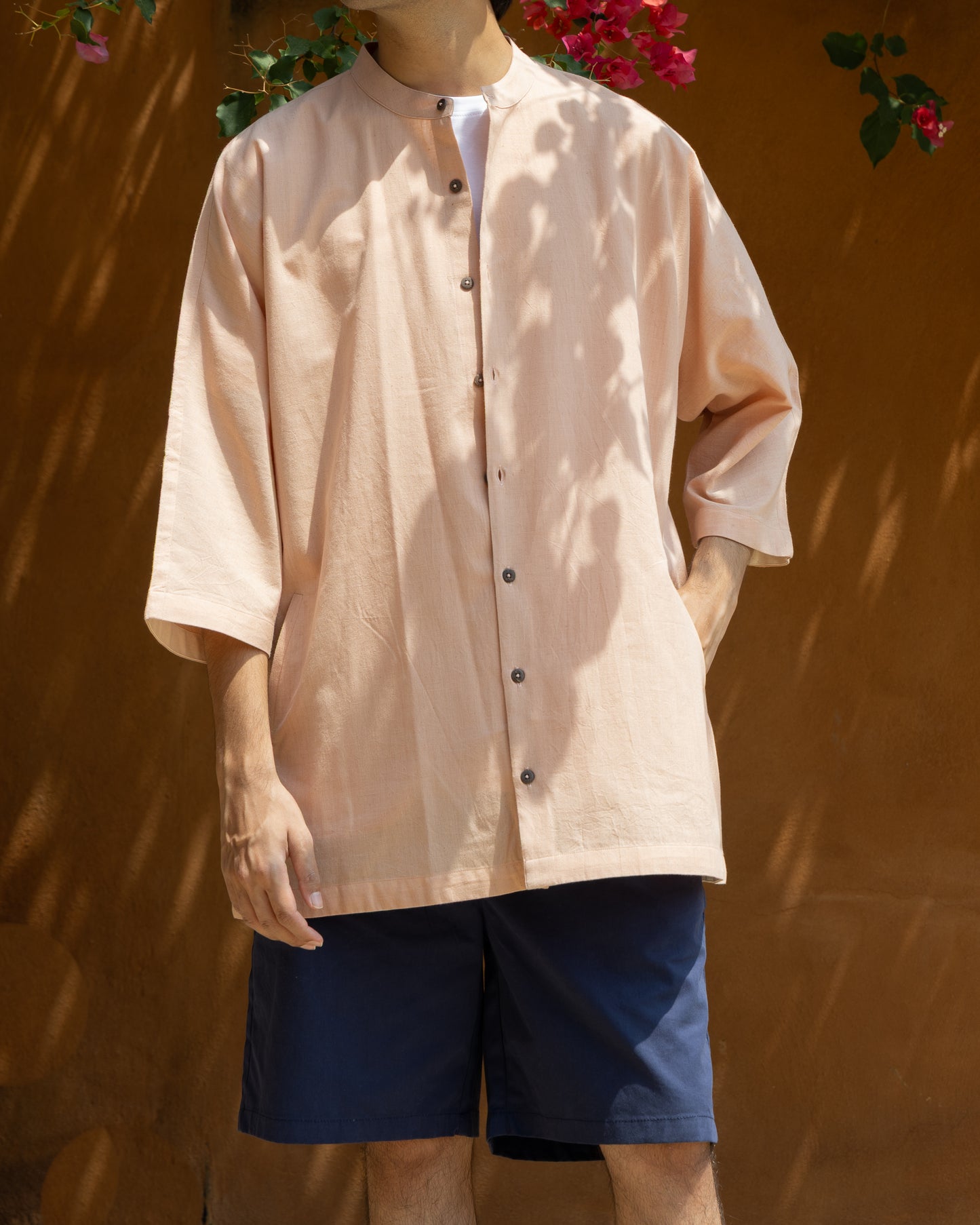 Men's madder pink Khadi cotton kimono sleeve shirt, soft pastel earthy tone, crafted from organic cotton and handloom fabric.