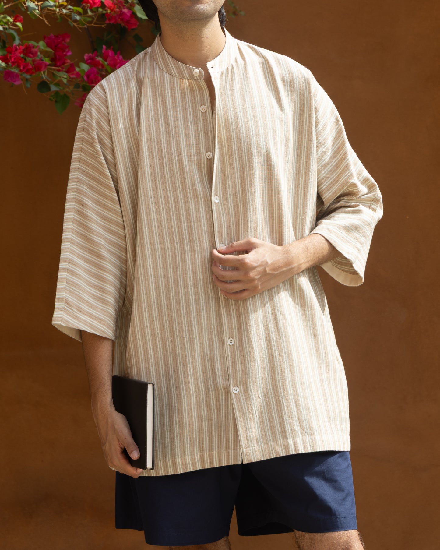 Sun dried olive stripes handwoven Khadi cotton kimono shirt for men with 3/4 sleeves, eco-friendly organic cotton, limited edition Japanese-style handloom shirt.