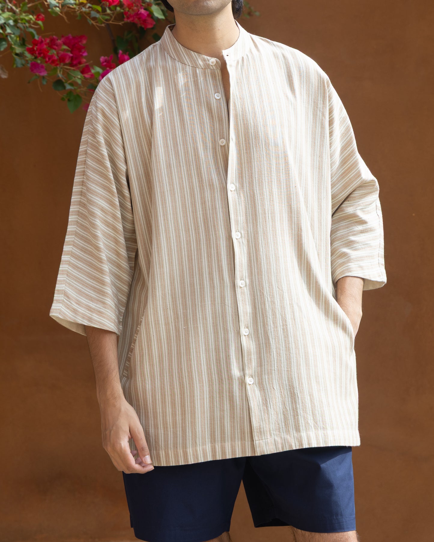 Men's sun dried olive stripes Khadi cotton kimono sleeve shirt, soft earthy olive tone, crafted from organic cotton and handloom fabric.