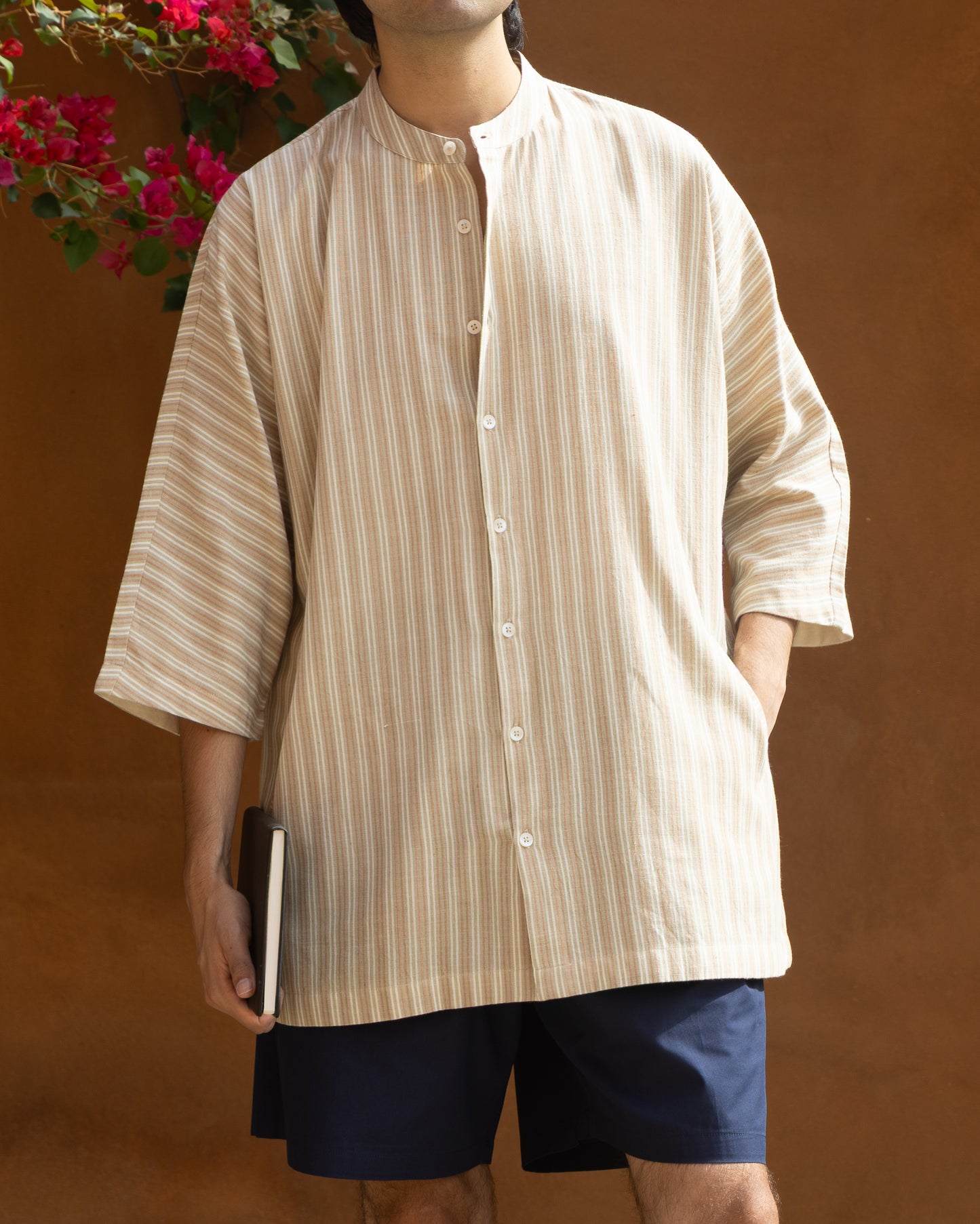Eco-friendly sun dried olive stripes kimono shirt for men made from handwoven Khadi cotton with 3-quarter sleeves, luxury organic cotton shirt.