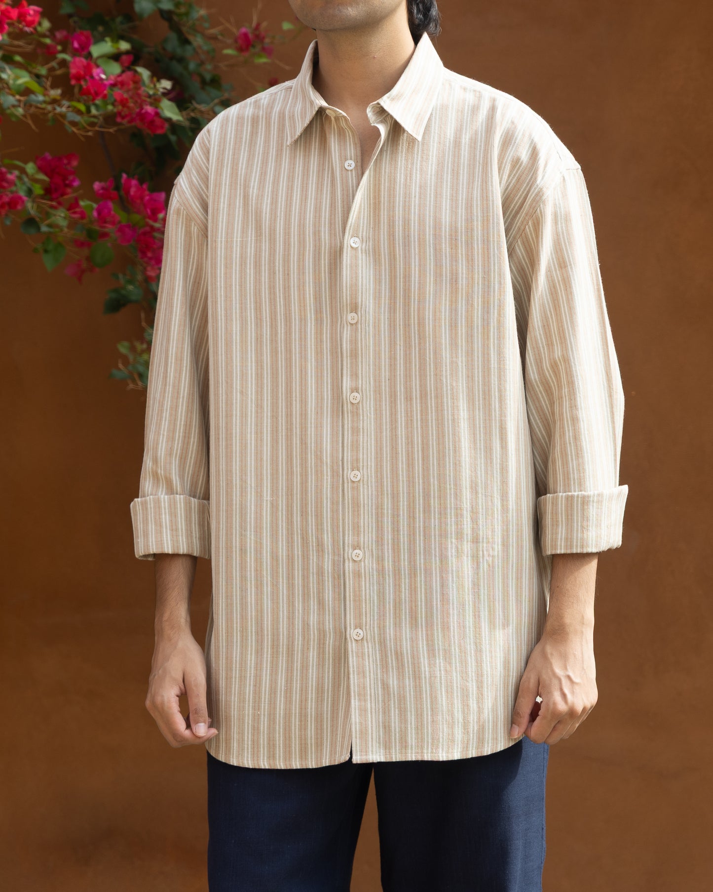 Sun Dried Olive Stripes Relaxed Fit Shirt for Men made from Khadi cotton – Handloom craftsmanship, organic fabric, eco-friendly and breathable, featuring earthy olive tones and soft pastel shades, perfect for sustainable and luxury menswear.