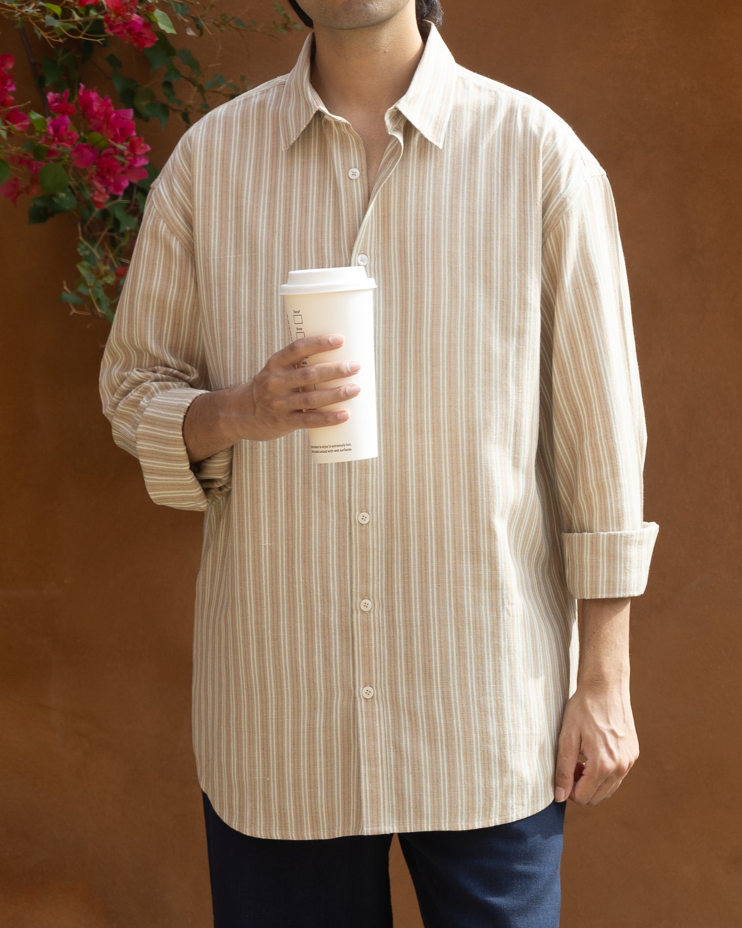 Sun Dried Olive Stripes Khadi Cotton Shirt for Men, relaxed fit with handwoven handloom fabric, eco-friendly and organic, showcasing earthy tones and pastel olive stripes, ideal for sustainable Khadi clothes and luxury casual wear.