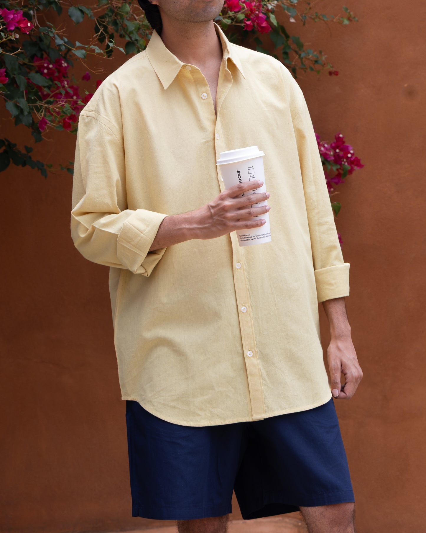 Men’s turmeric latte relaxed fit Khadi cotton shirt, handwoven and eco-friendly, perfect earthy tone shirt for summer.