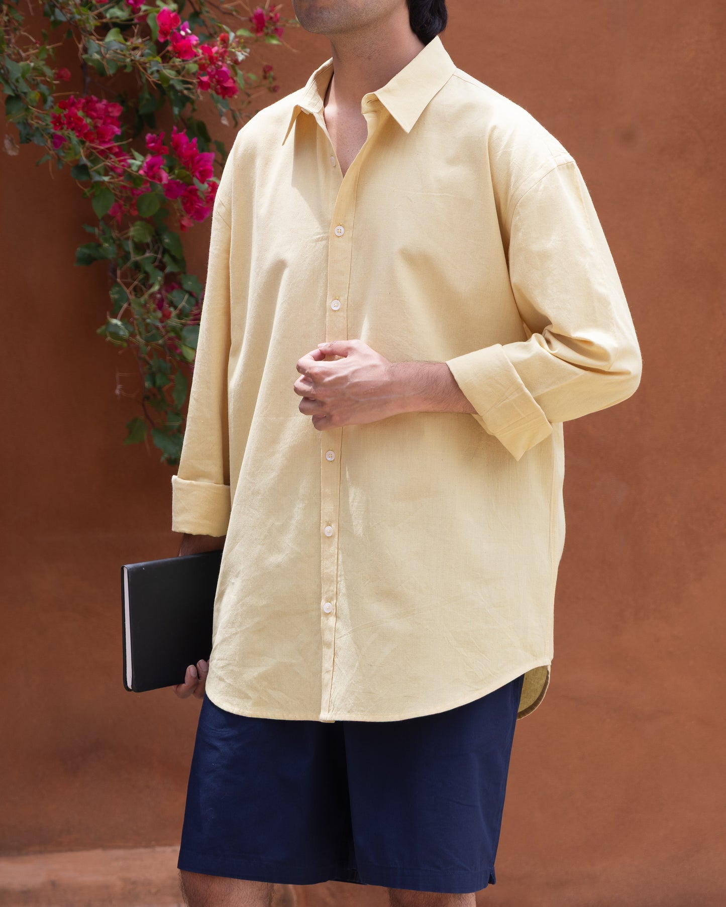 Organic Khadi cotton relaxed fit shirt in turmeric latte shade for men, handcrafted with handloom fabric and light earthy colors.