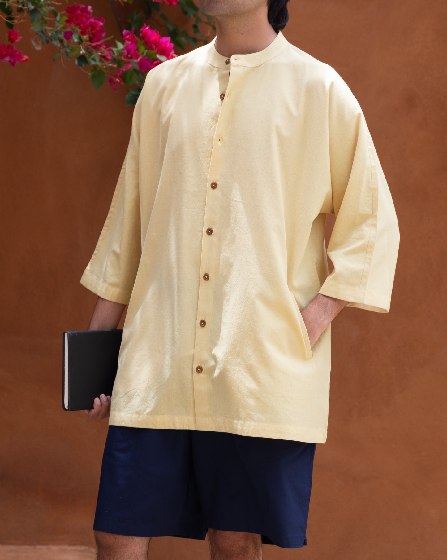 Turmeric latte Khadi cotton kimono shirt for men with 3/4 sleeves and relaxed fit, handcrafted from handwoven fabric.