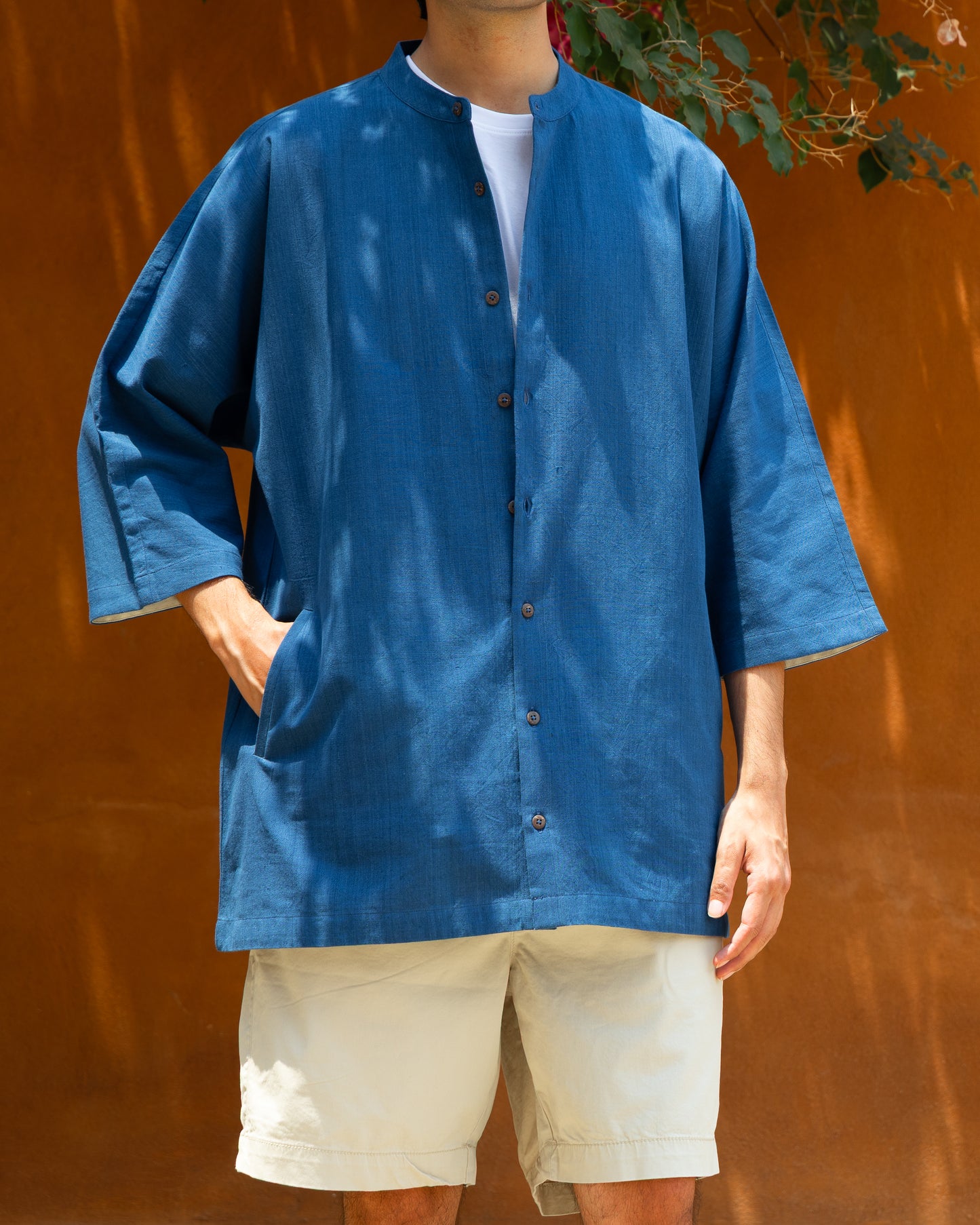 Deep blue handwoven Khadi cotton kimono shirt for men with 3/4 sleeves, eco-friendly and organic cotton, limited edition Japanese-style handloom shirt in earthy tones.