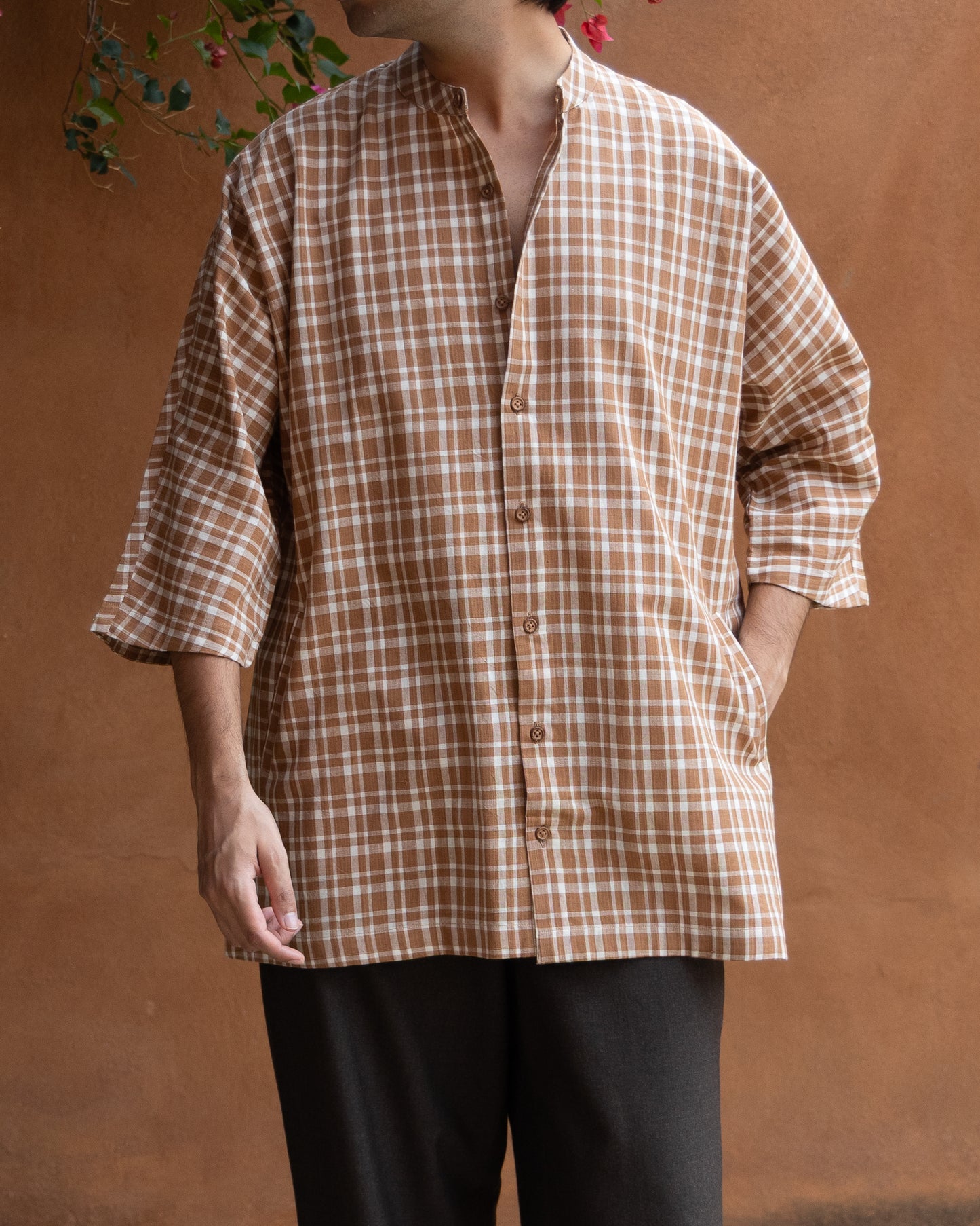 Earthy Brown Check Kimono Shirt