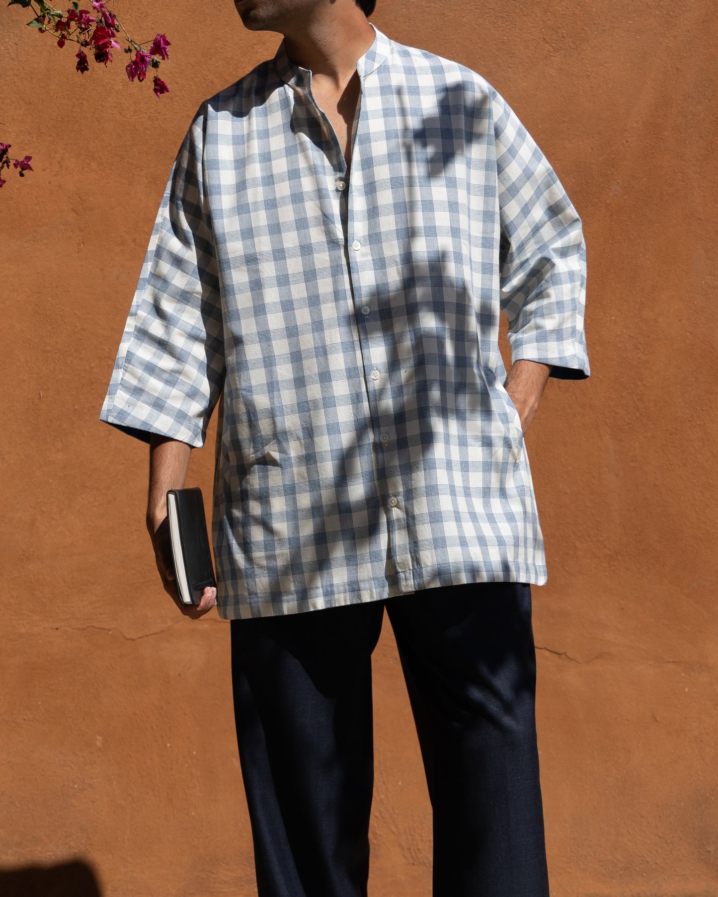 Blue Striped Check Kimono Shirt