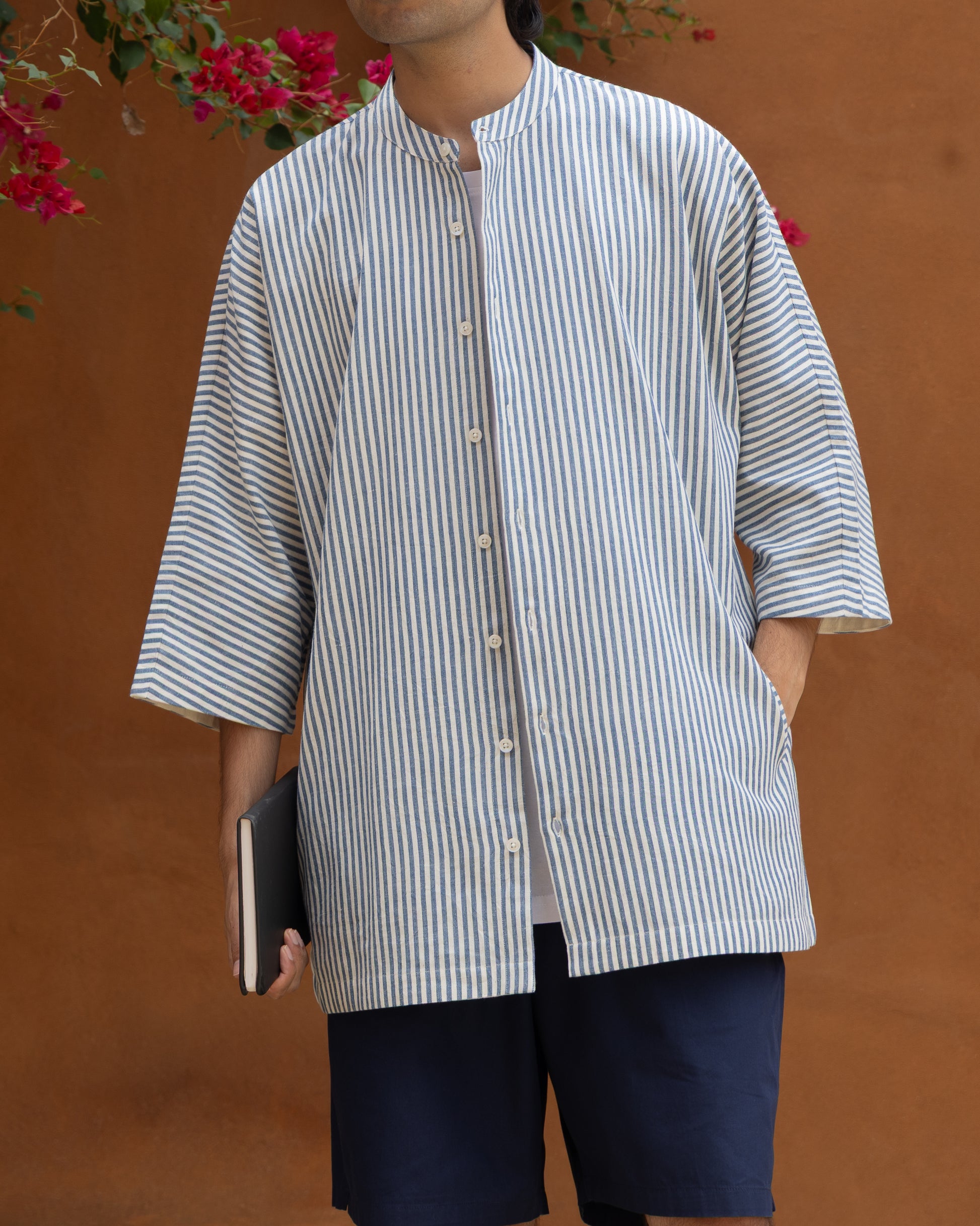 Blue stripes Khadi cotton kimono shirt for men with 3/4 sleeves, handwoven from organic cotton, Japanese-style eco-friendly design.