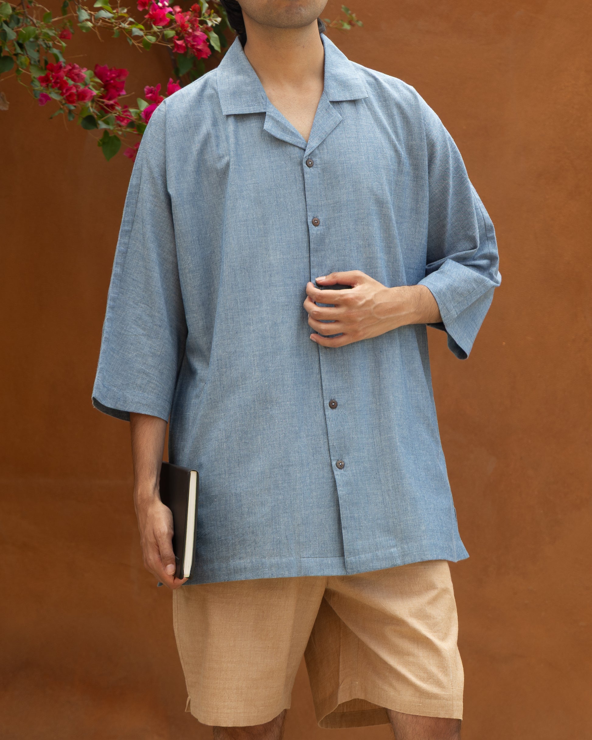 Japanese style kimono shirt for men in chambray blue, crafted from handloom organic cotton – perfect as a luxury Khadi shirt.