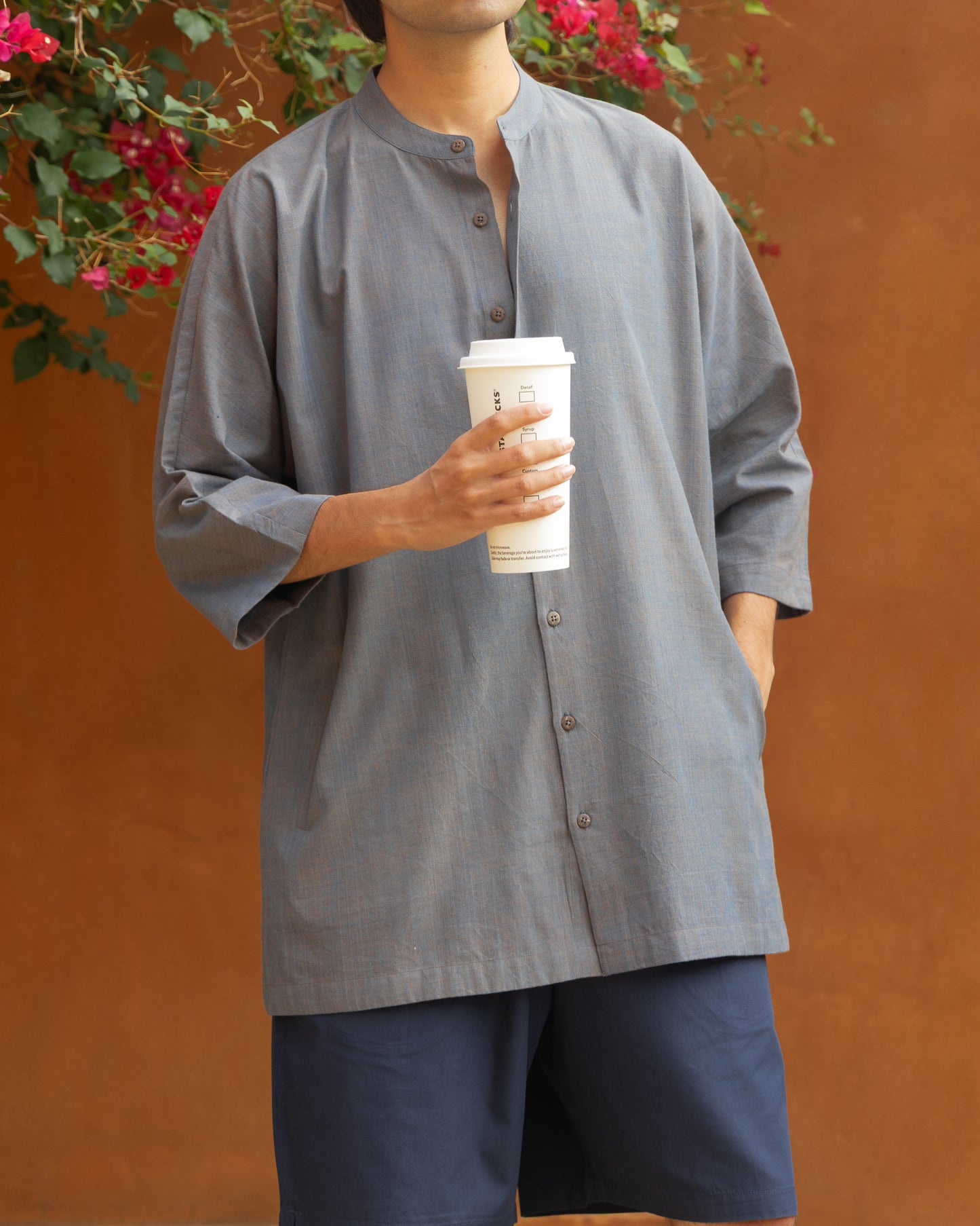 Limited edition charcoal grey dual hue Japanese style kimono shirt for men, handloom Khadi cotton with deep charcoal tones and 3/4 sleeves.